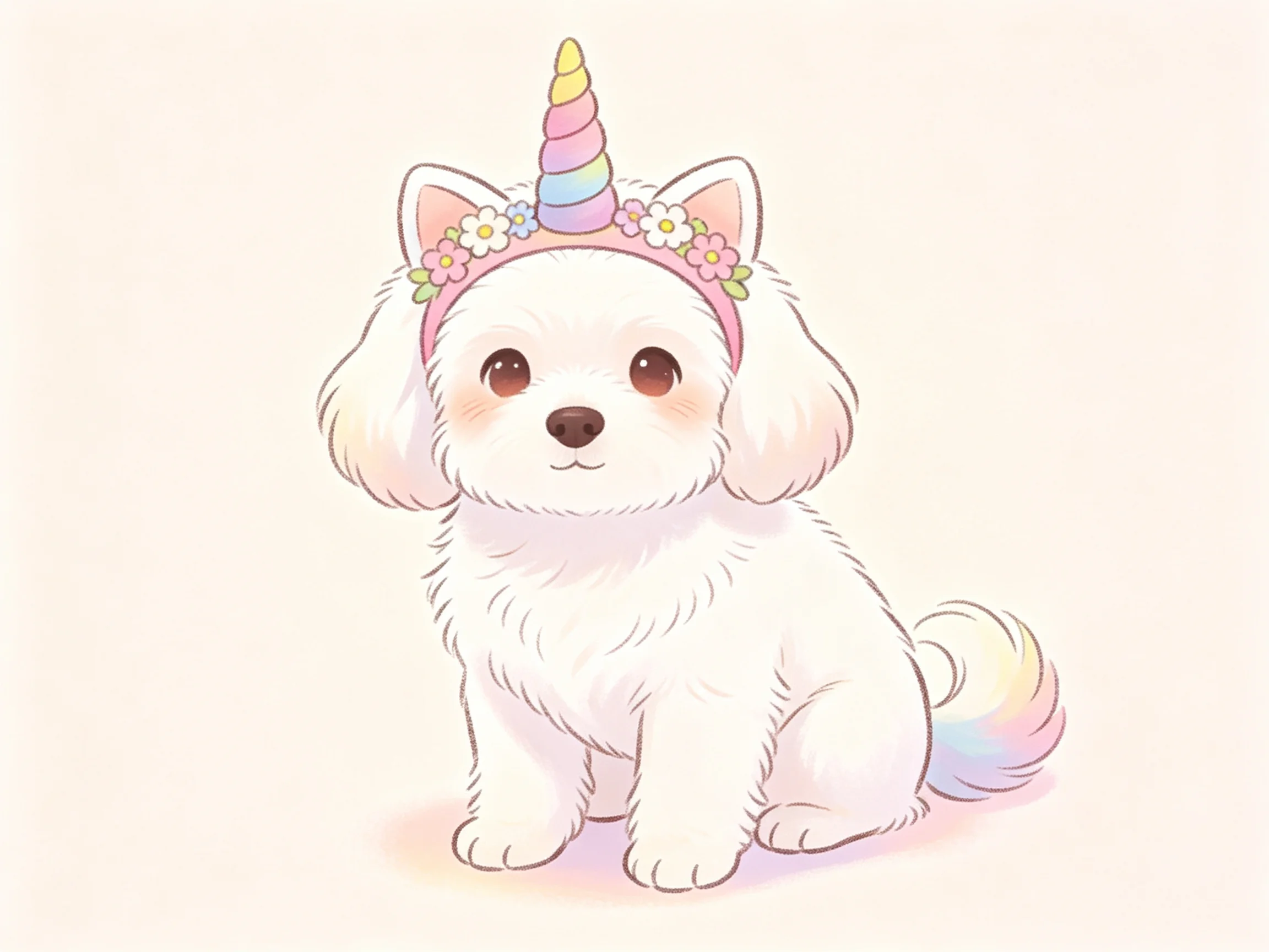 A small white dog sits calmly with a unicorn-themed headband.