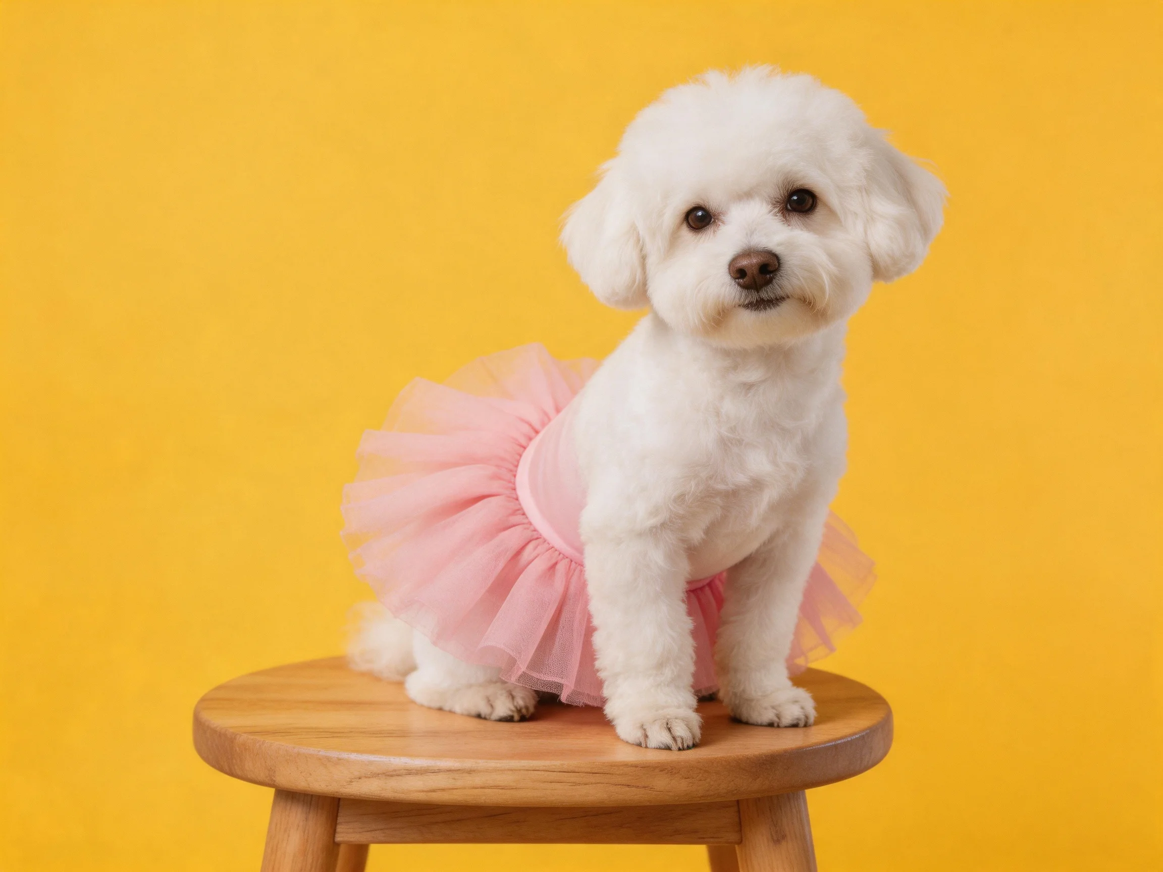 A small white dog in a pink tutu sits on a wooden stool with a yellow backdrop.
