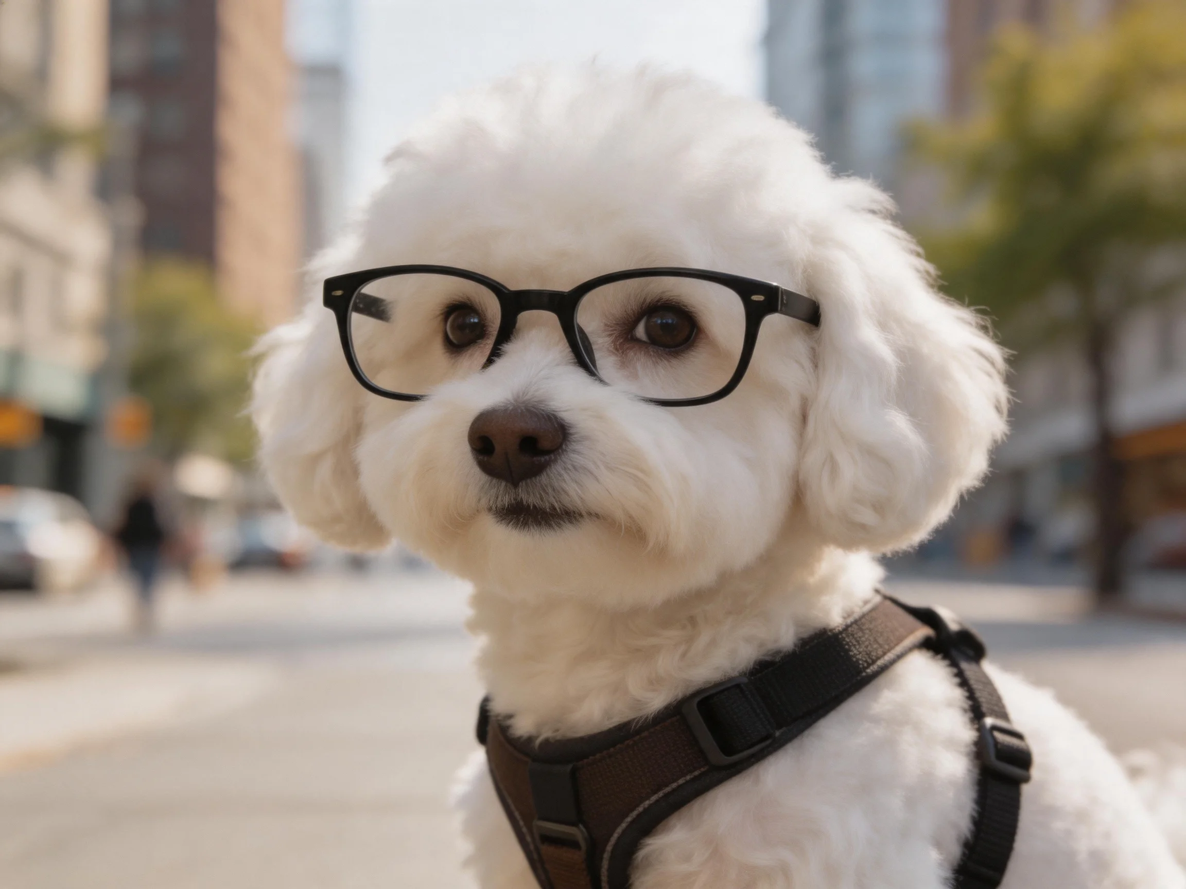 A small white dog with glasses stands on a sunny city street.