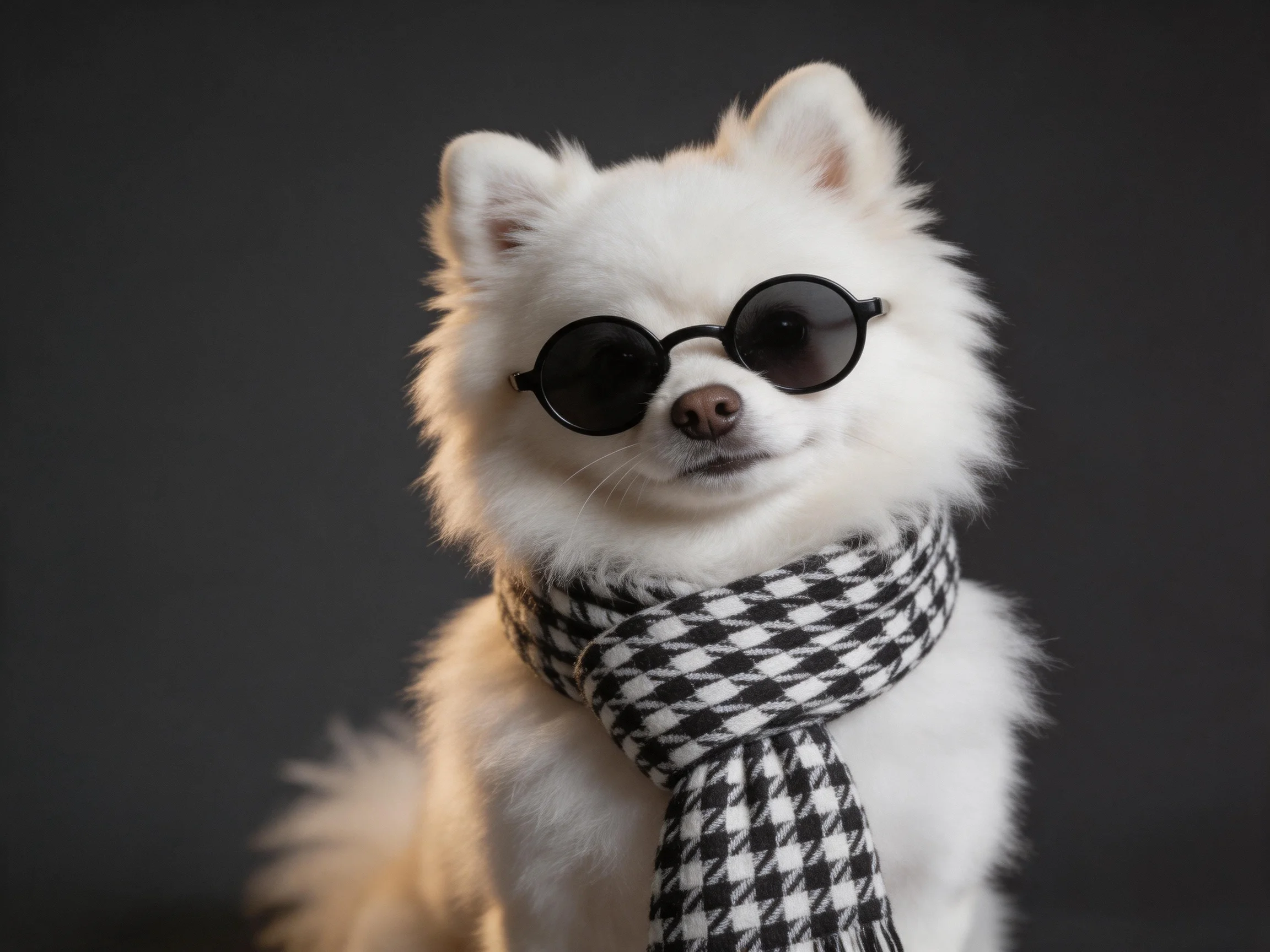 A small white dog wearing round black sunglasses and a houndstoth scarf