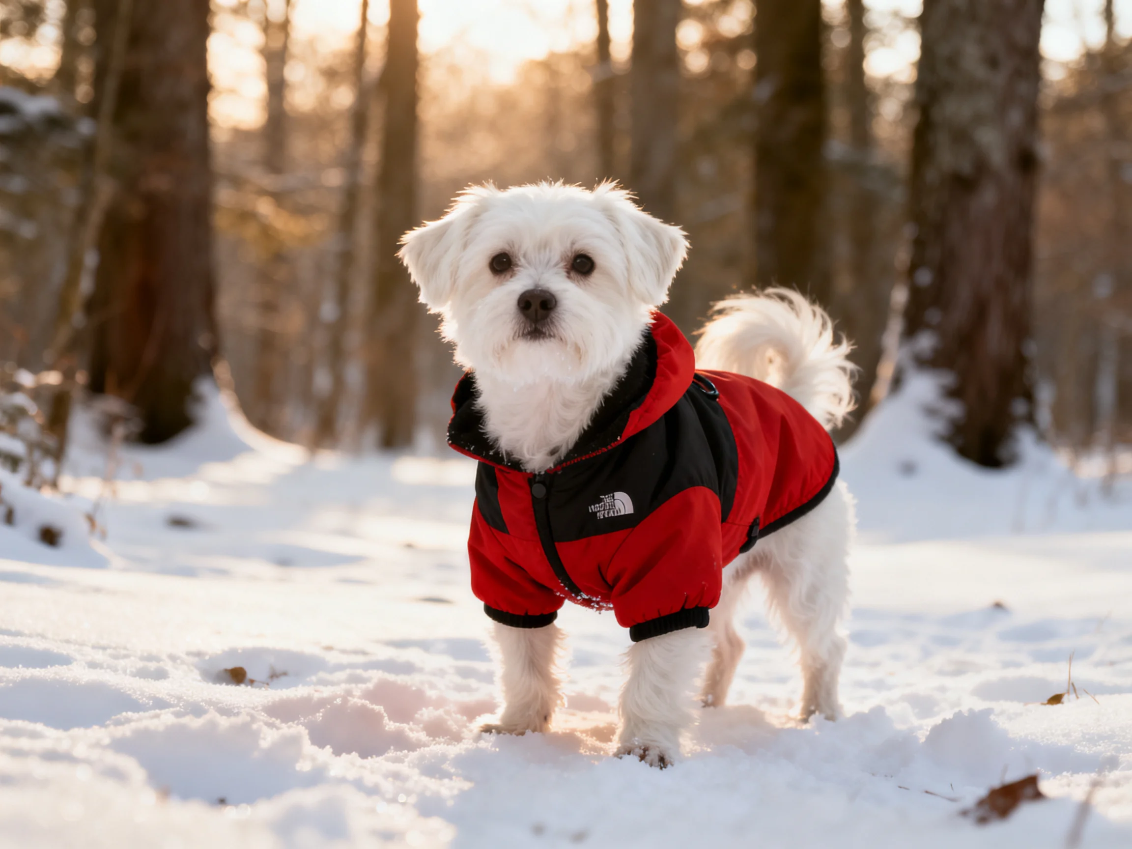 A small white dog wears a red jacket in a snowy forest