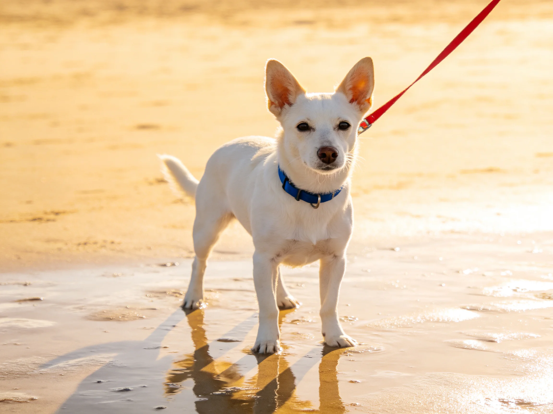 A small white dog with a blue collar on wet sand