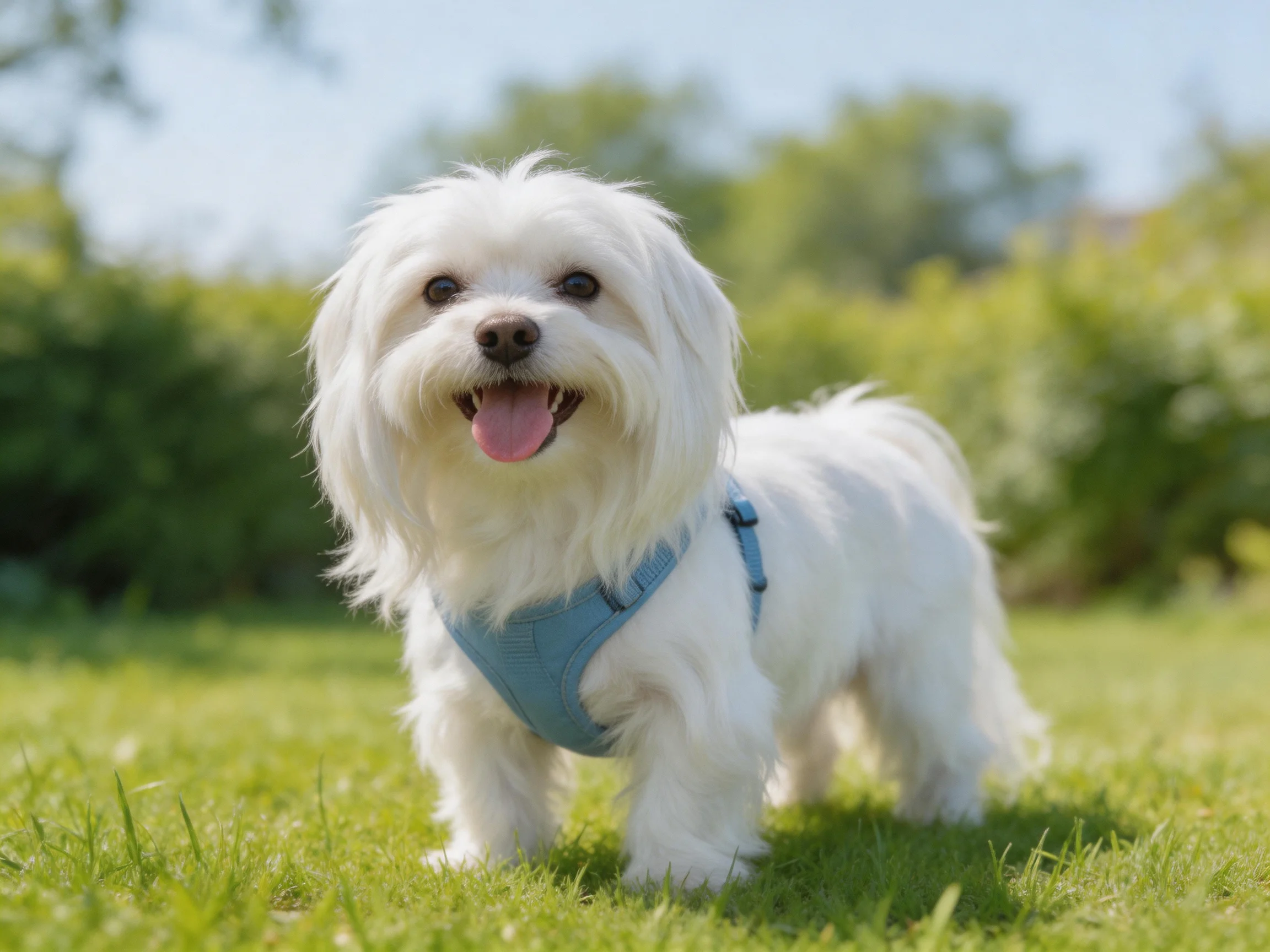 A small white dog with a blue harness stands happily on grass in a sunny outdoor area.