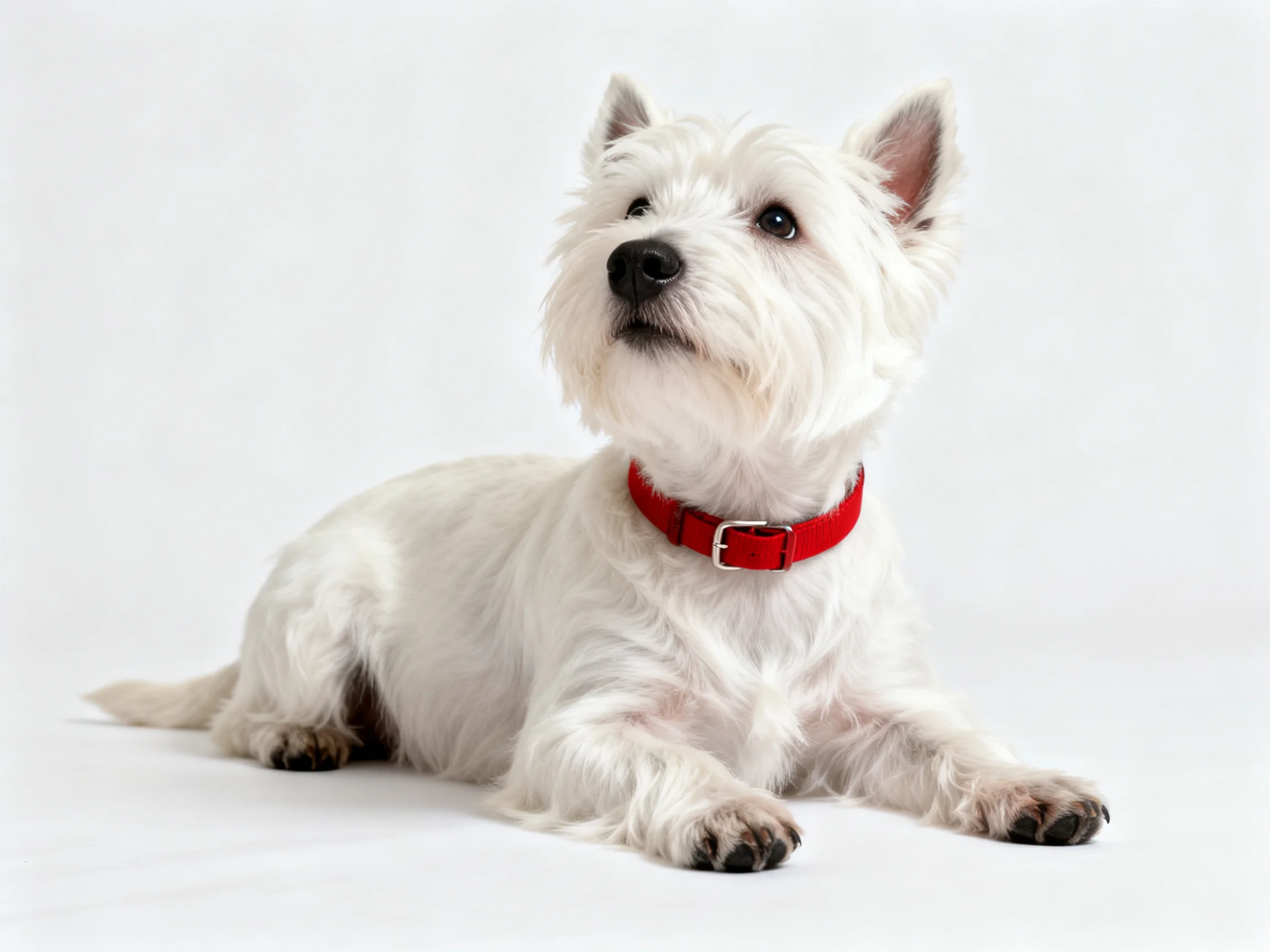 A small white dog wearing a red collar rests calmly on a white surface.