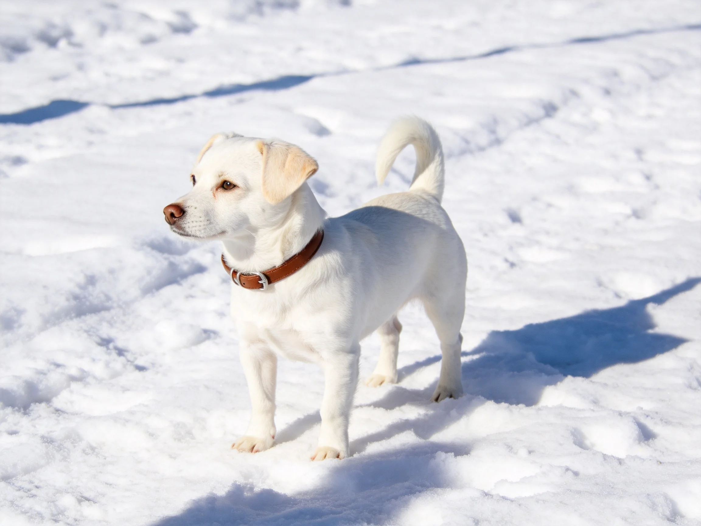 A small white dog with a brown collar stands on bright snow
