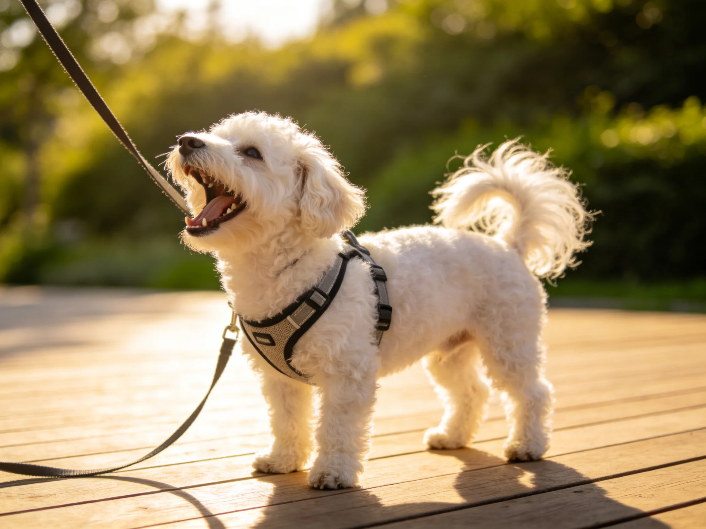 A small white dog with a harness stands on a wooden deck in sunny light