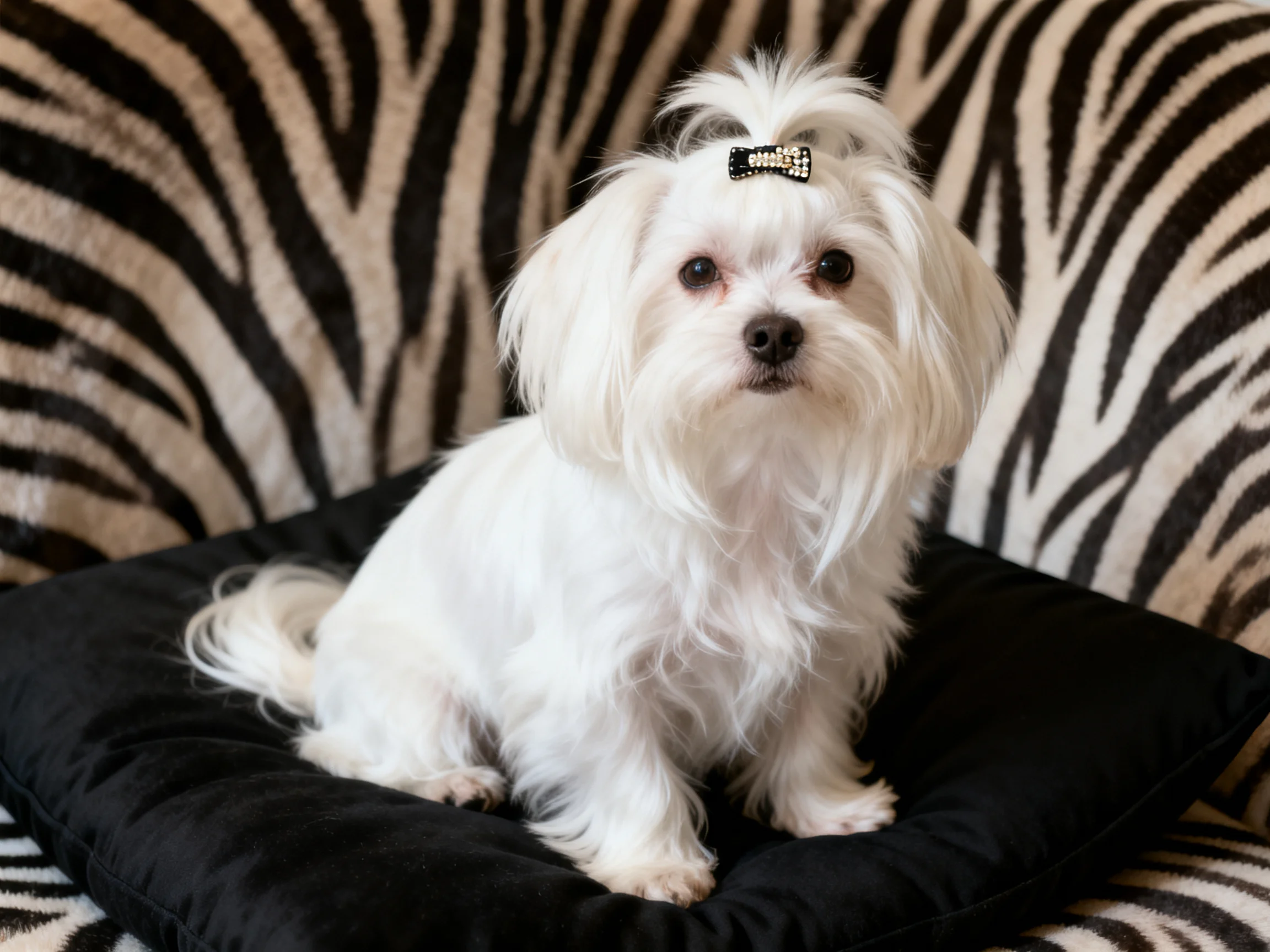 A small white dog with a jeweled bow sits on a black cushion next to