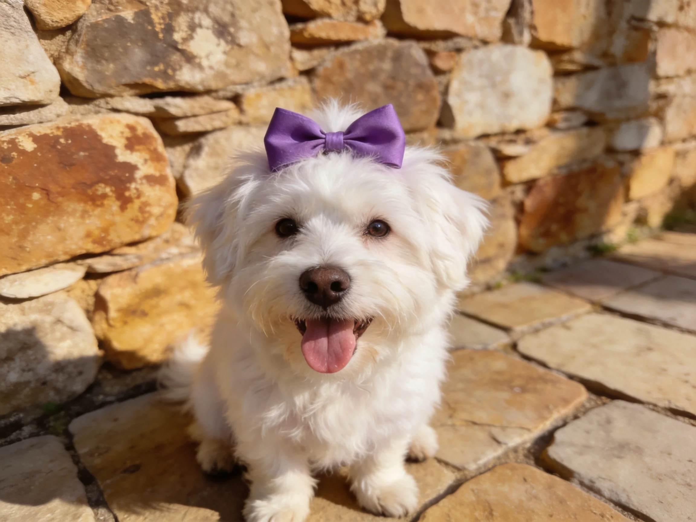 A small white dog with a purple bow sits happily near a stone wall.