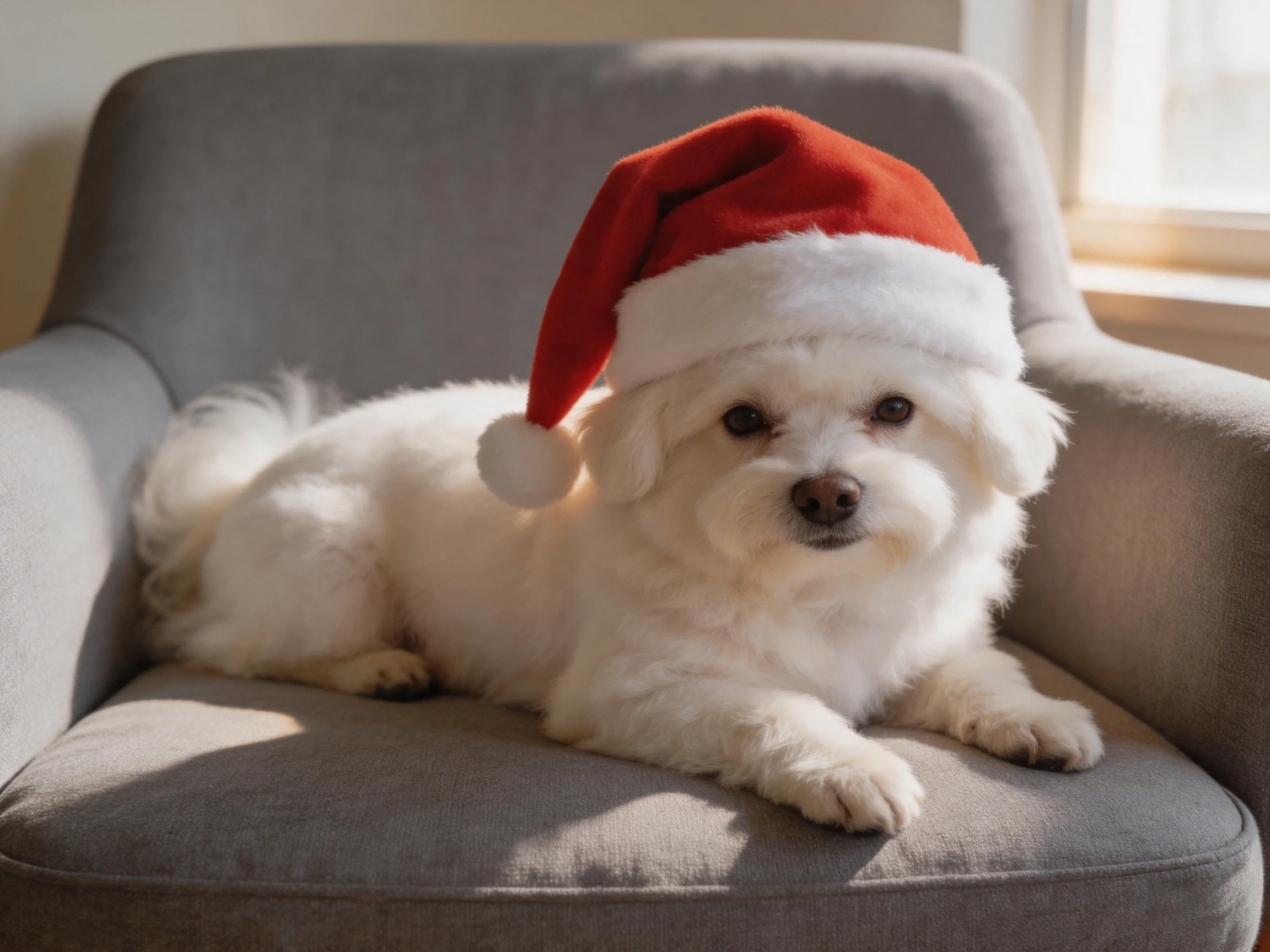 A small white dog with a red Santa hat rests on a gray armchair