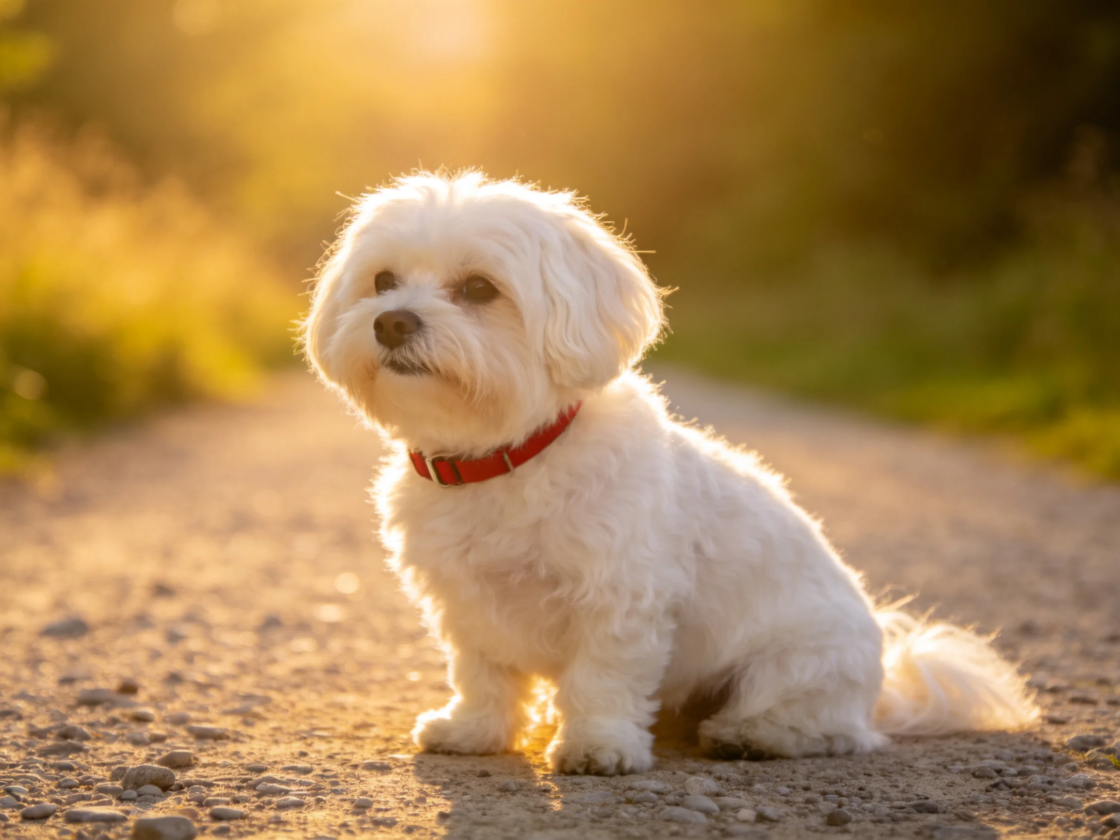 A small white dog with a red collar sits on a gravel path during golden hour