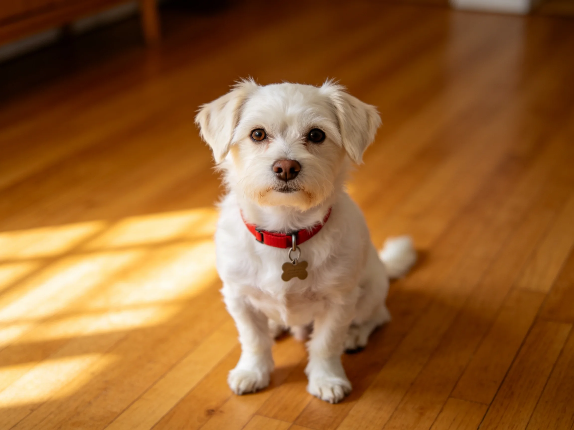A small white dog with a red collar sits on a polished wooden floor