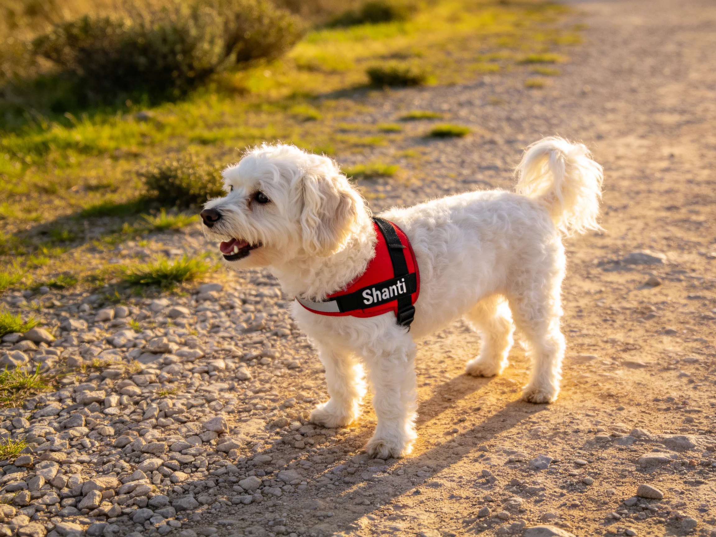 A small white dog with a red harness on a gravel path