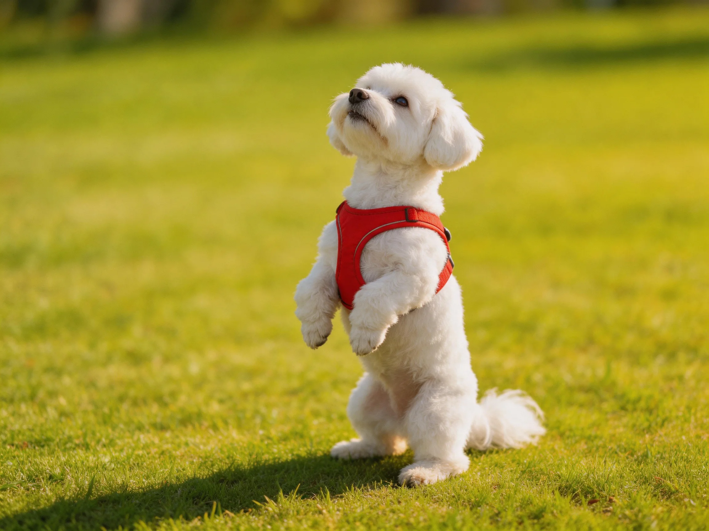 A small white dog in a red harness stands on grass.