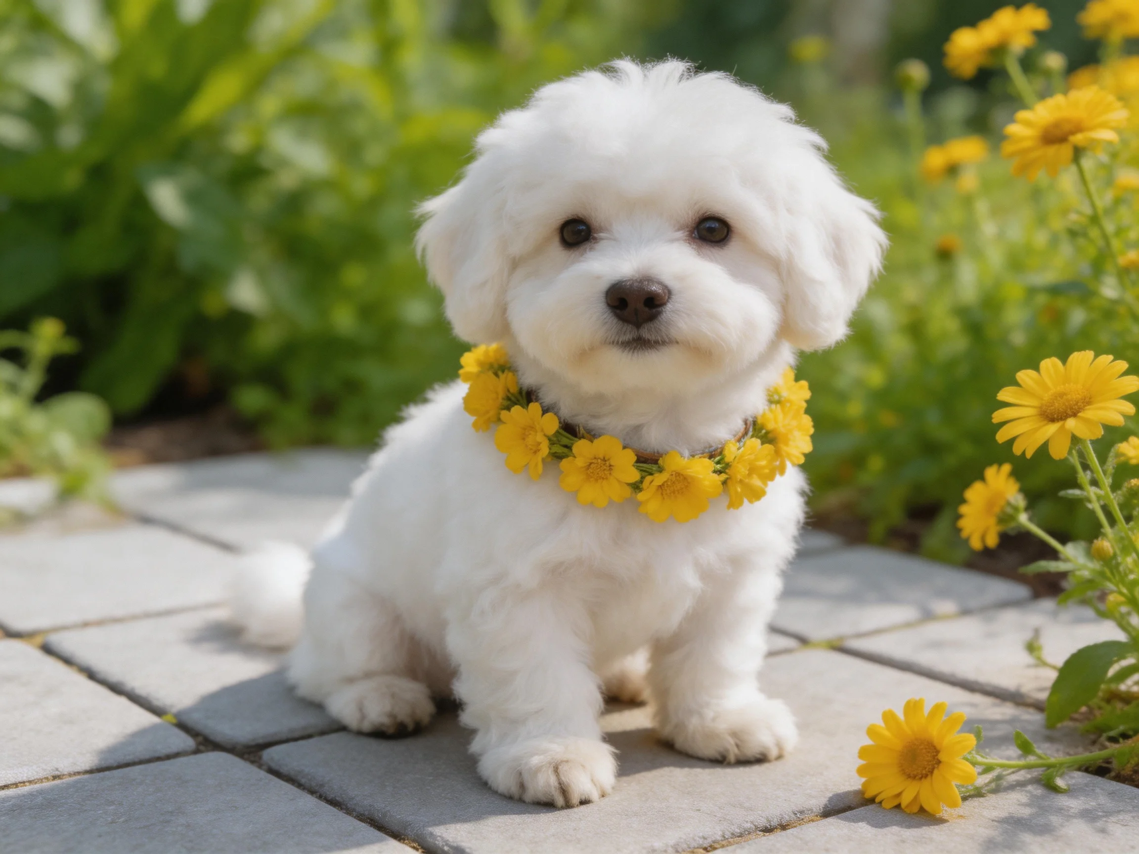 A small white dog with a yellow flower collar sits on stone tiles near yellow flowers.