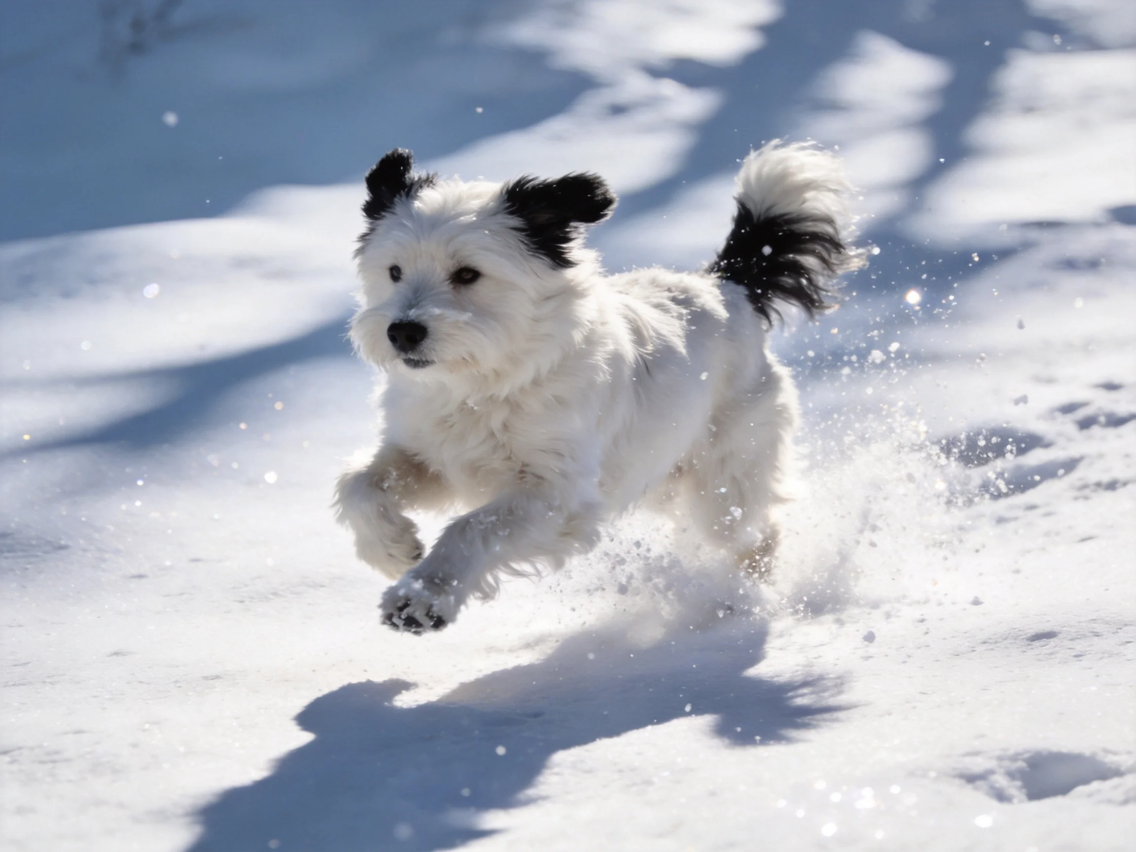 A small white dog with black ears runs through snow