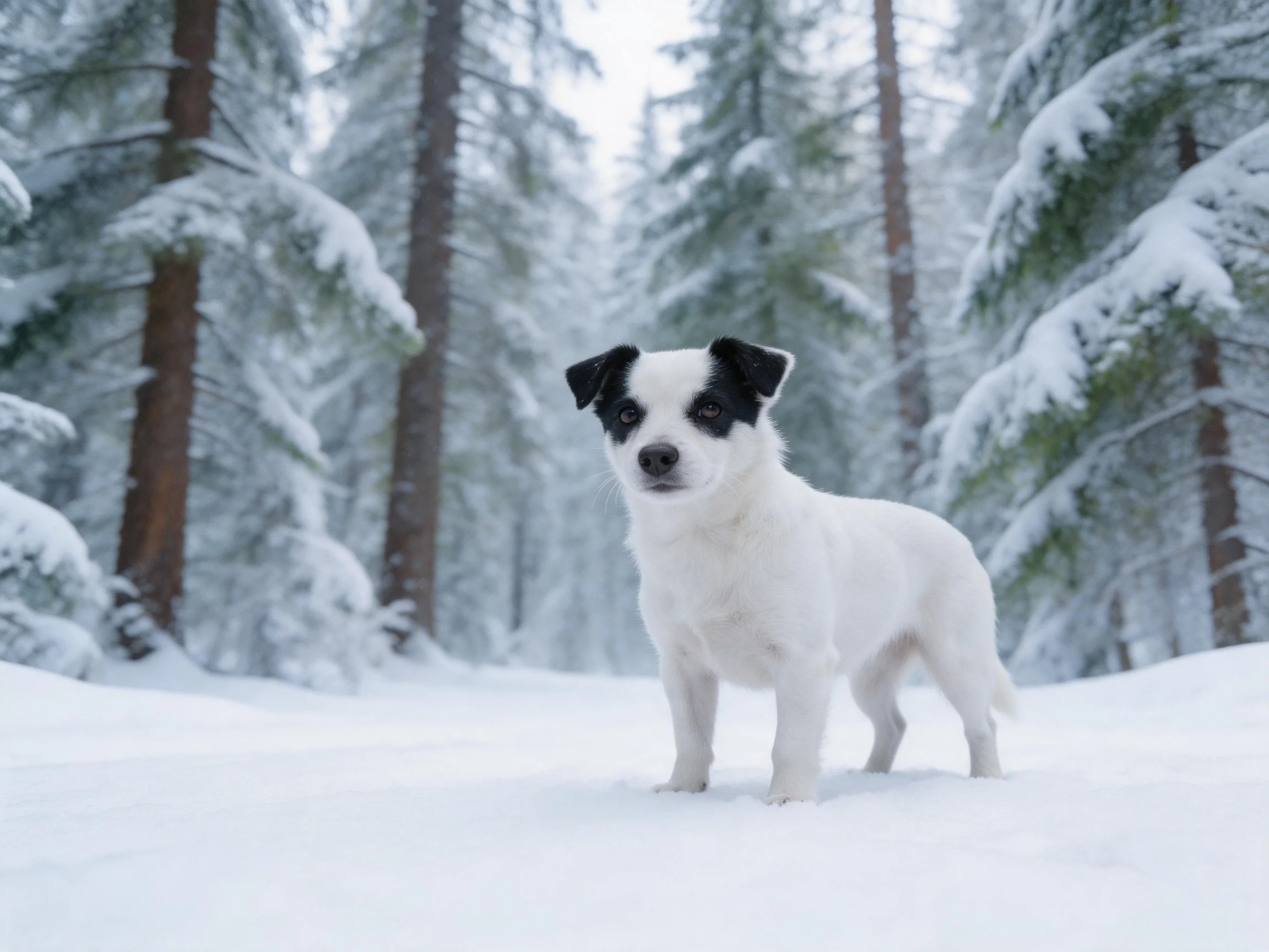 A small white dog with black markings in a snow-covered forest