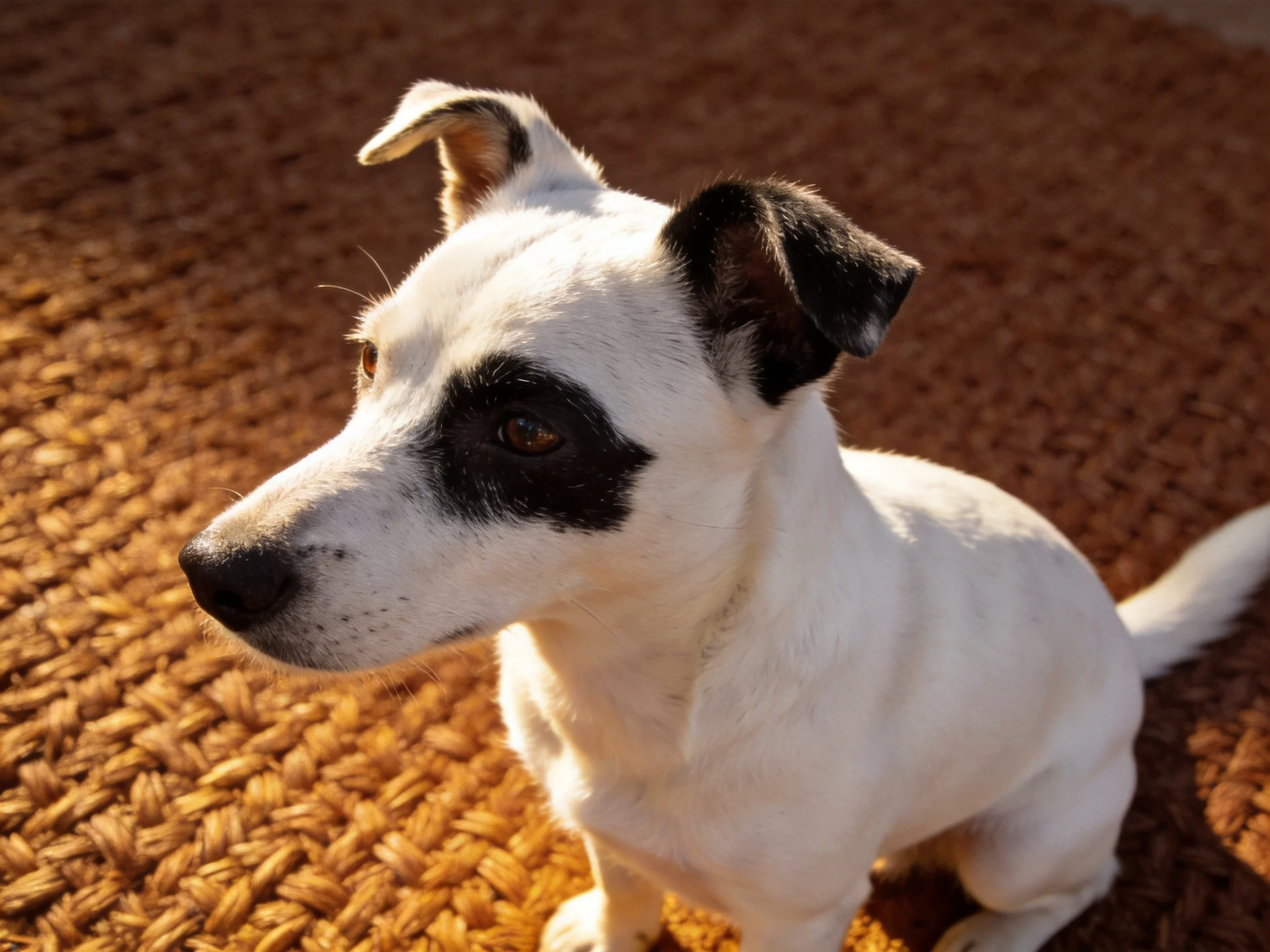 A small white dog with black markings sits on a woven rug