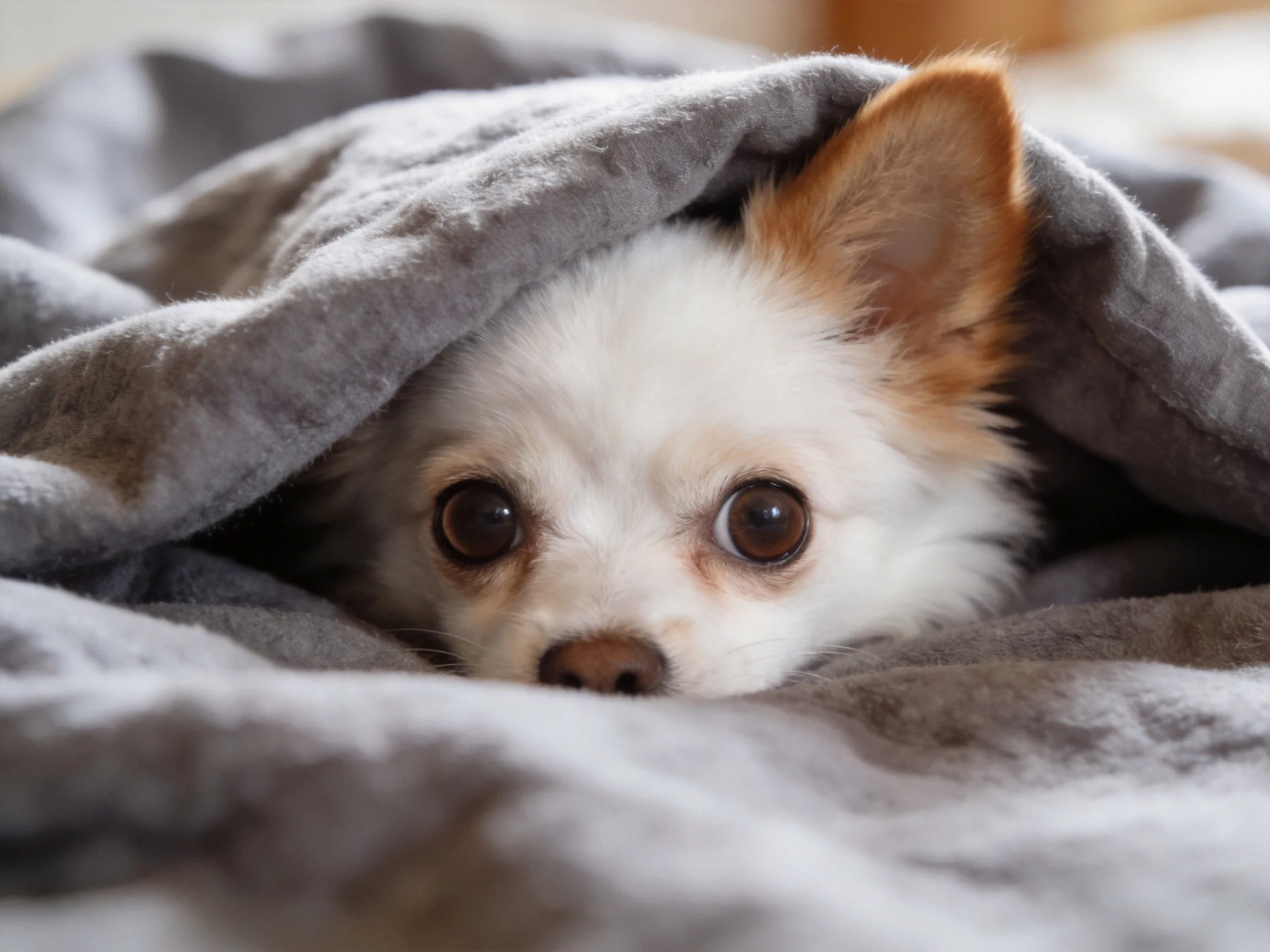 A small white dog peeks out from under a gray blanket.