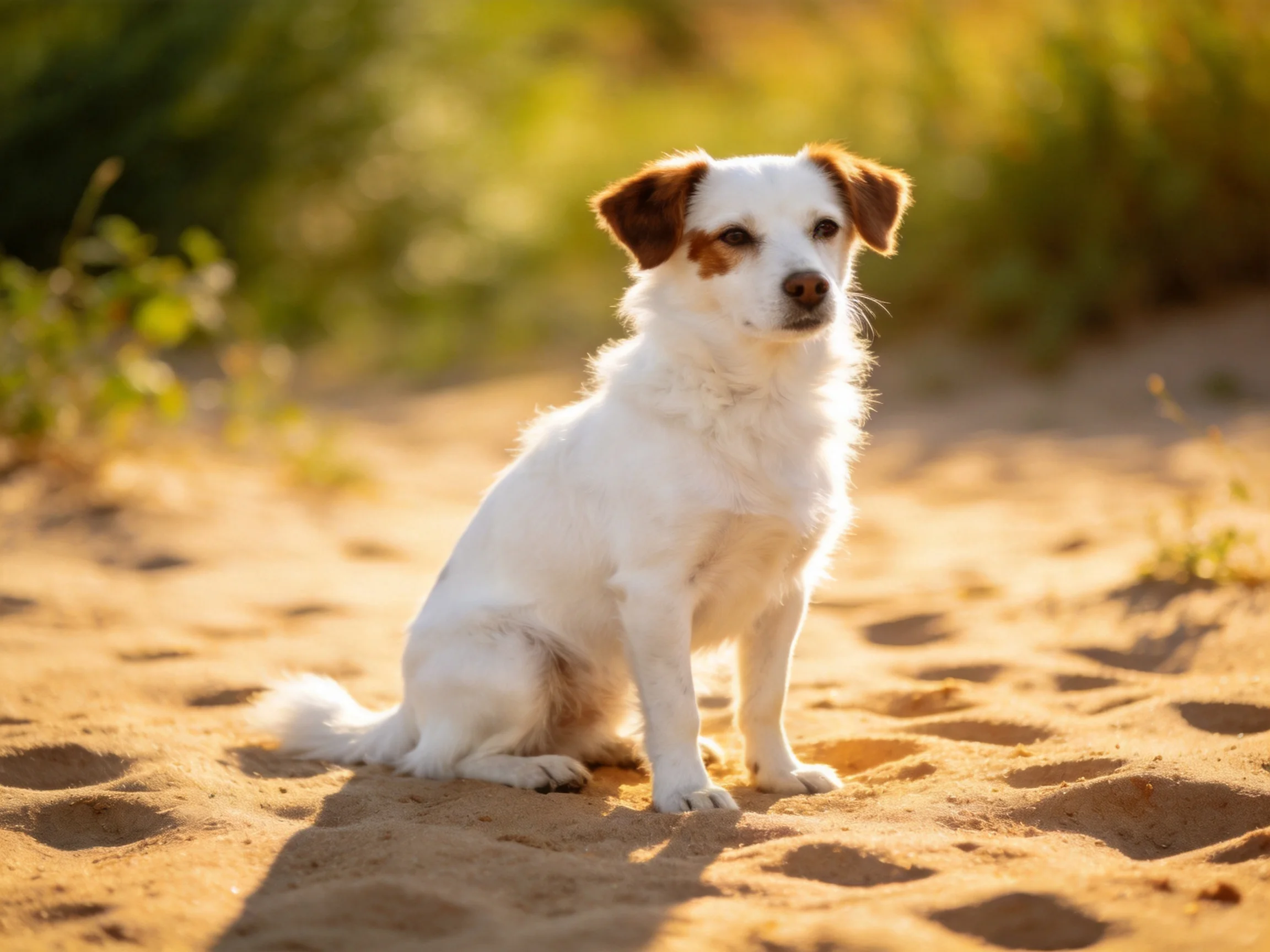A small white dog with brown markings sits calmly on sandy ground outdoors.