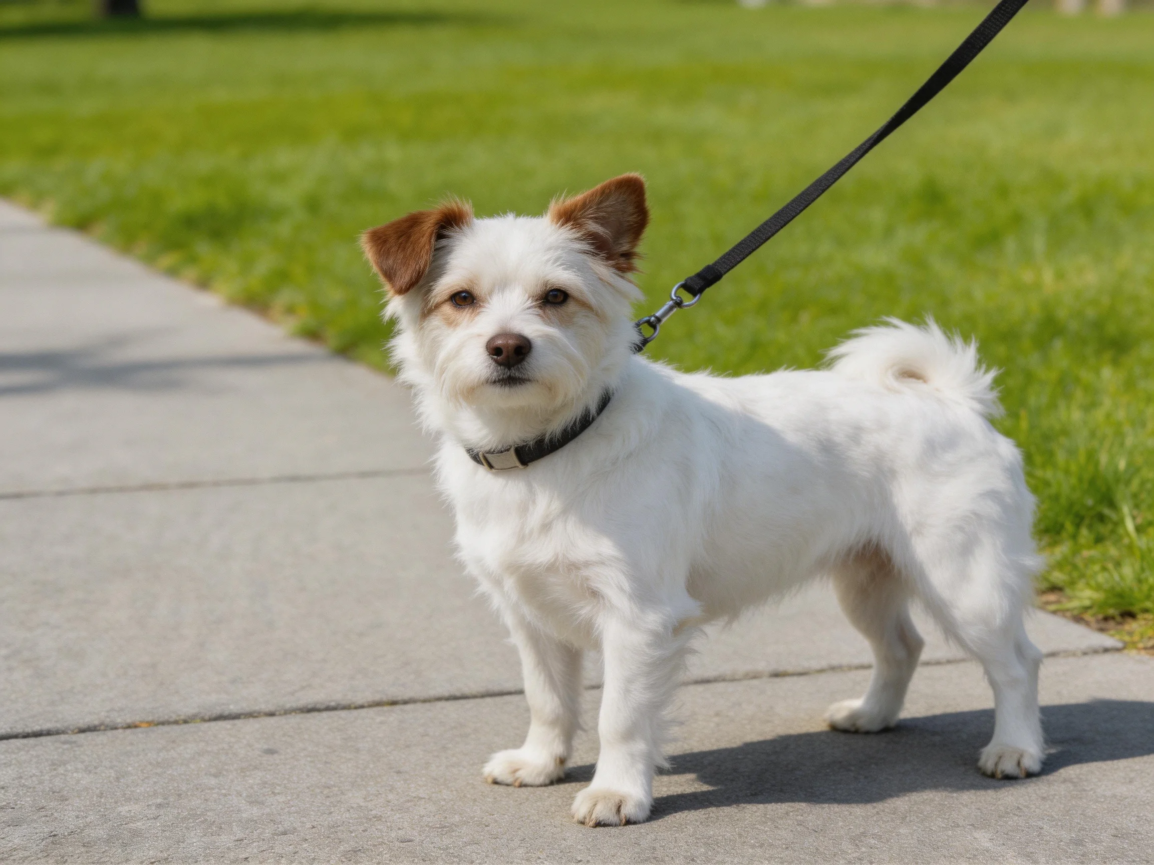 A small white dog with a leash stands on a concrete path beside green grass.