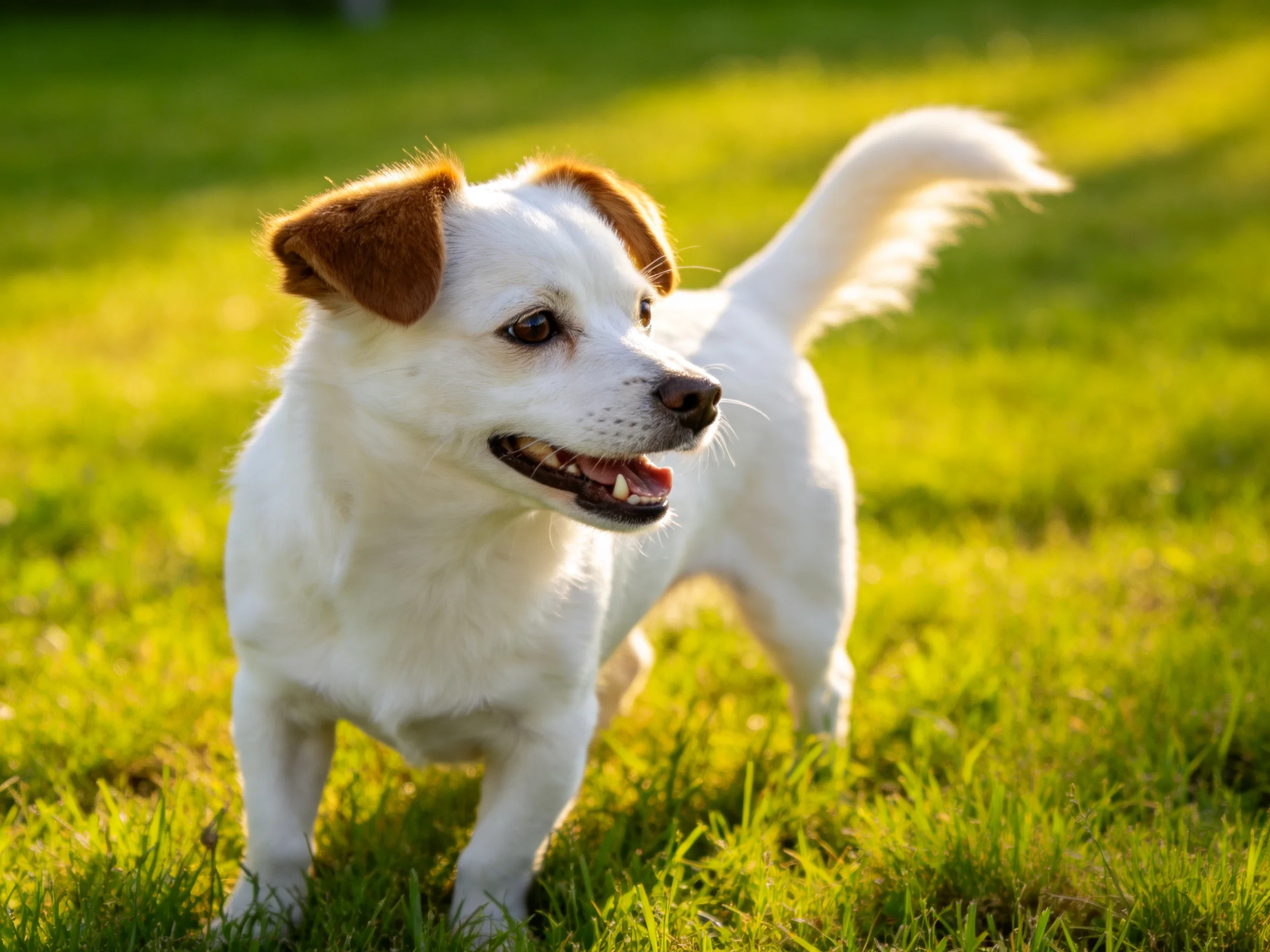 A small white dog with brown ears enjoys a sunny day on the grass.