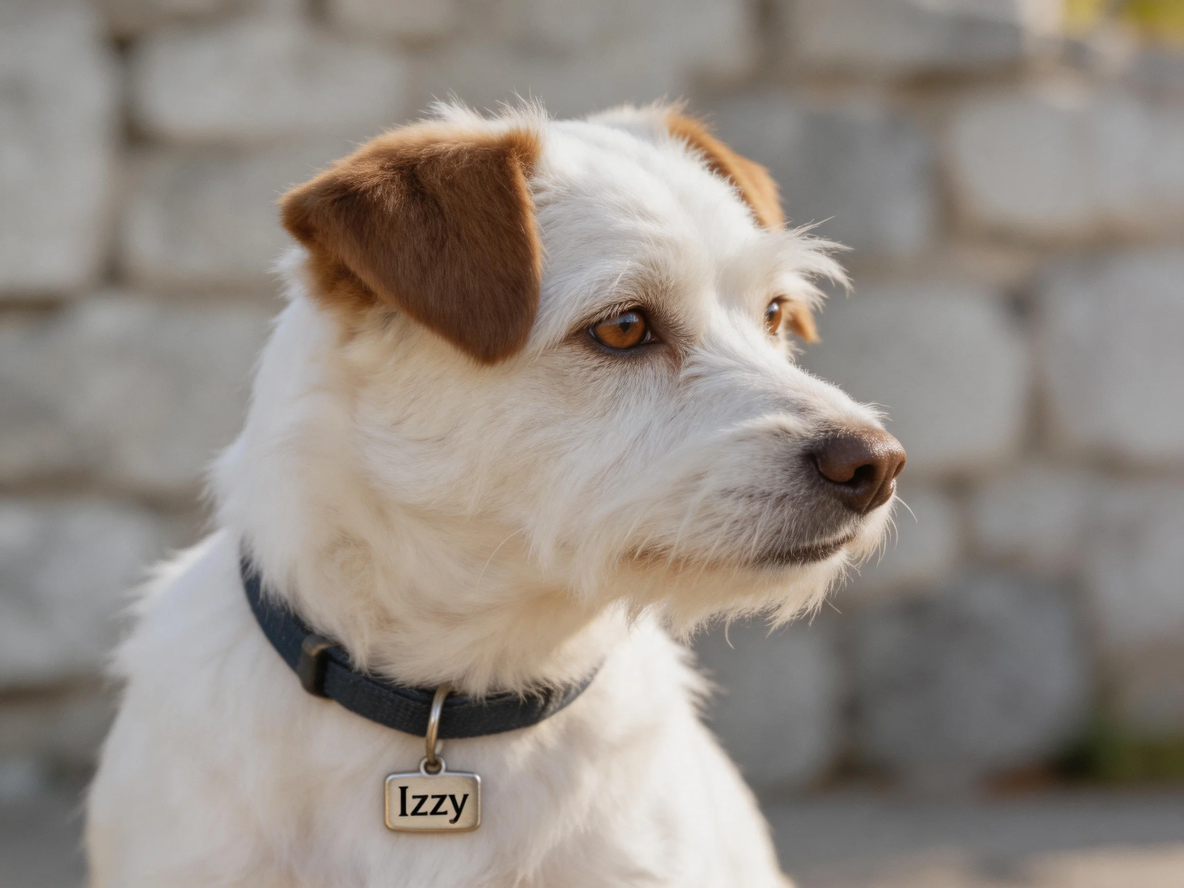 A small white dog with brown ears stands beside a stone wall.