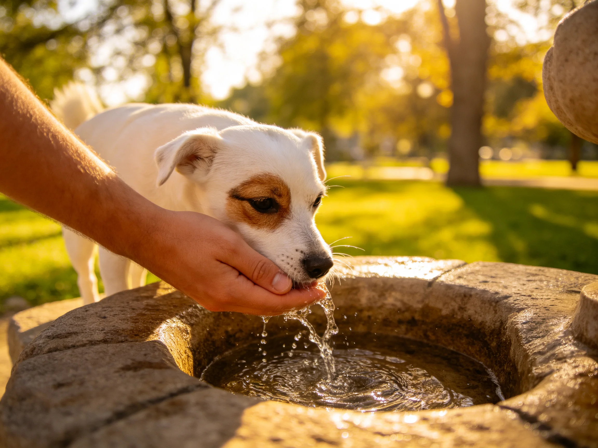 A small white dog with brown markings drinks water from a stone fountain