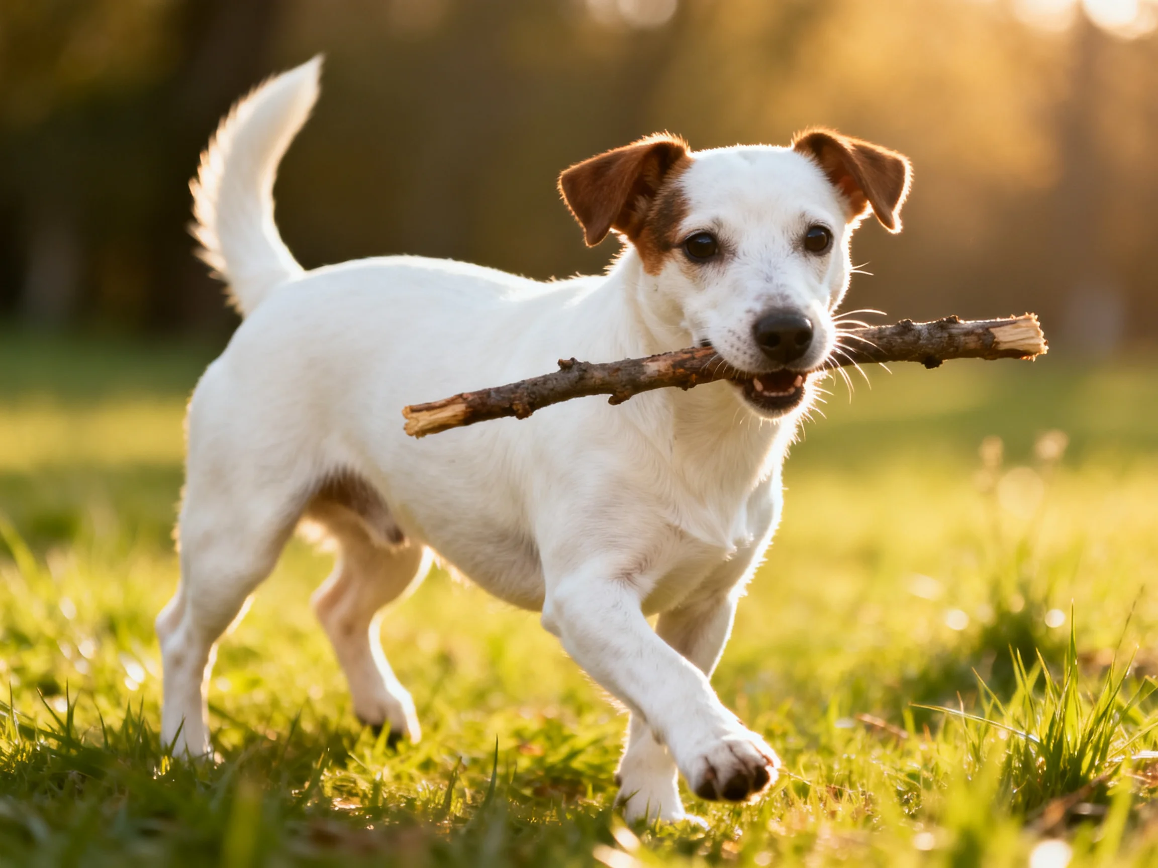 A small white dog with brown patches carries a wooden stick in a sunlit field