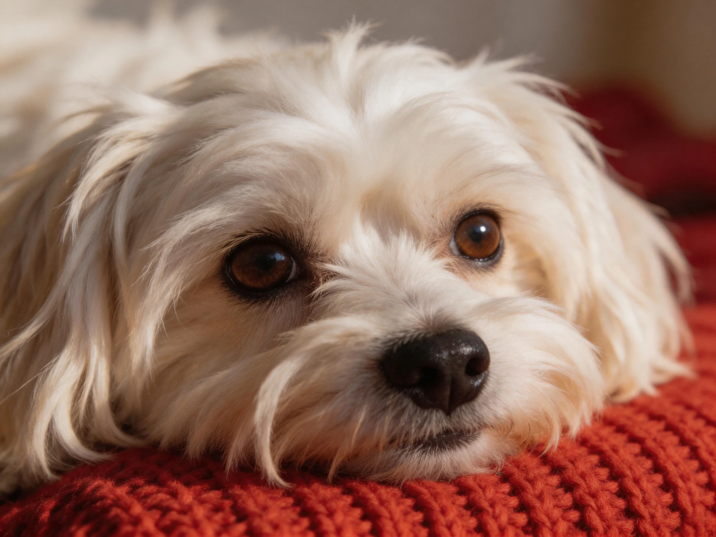 A small white dog with shaggy fur relaxes on a red knitted cushion.