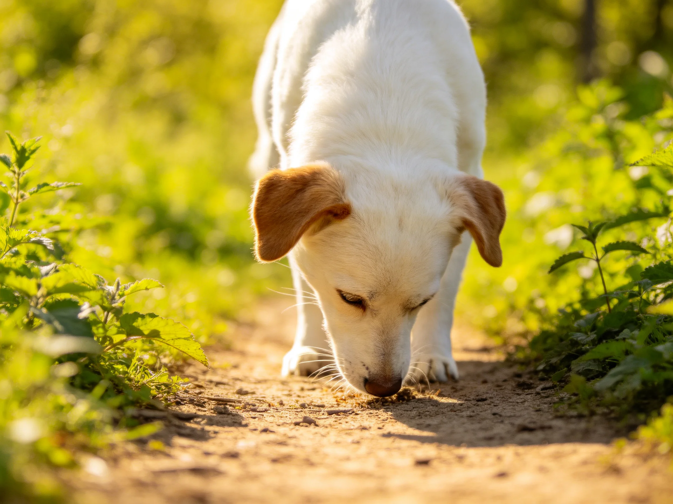 A small white dog with tan ears explores a sunlit dirt path
