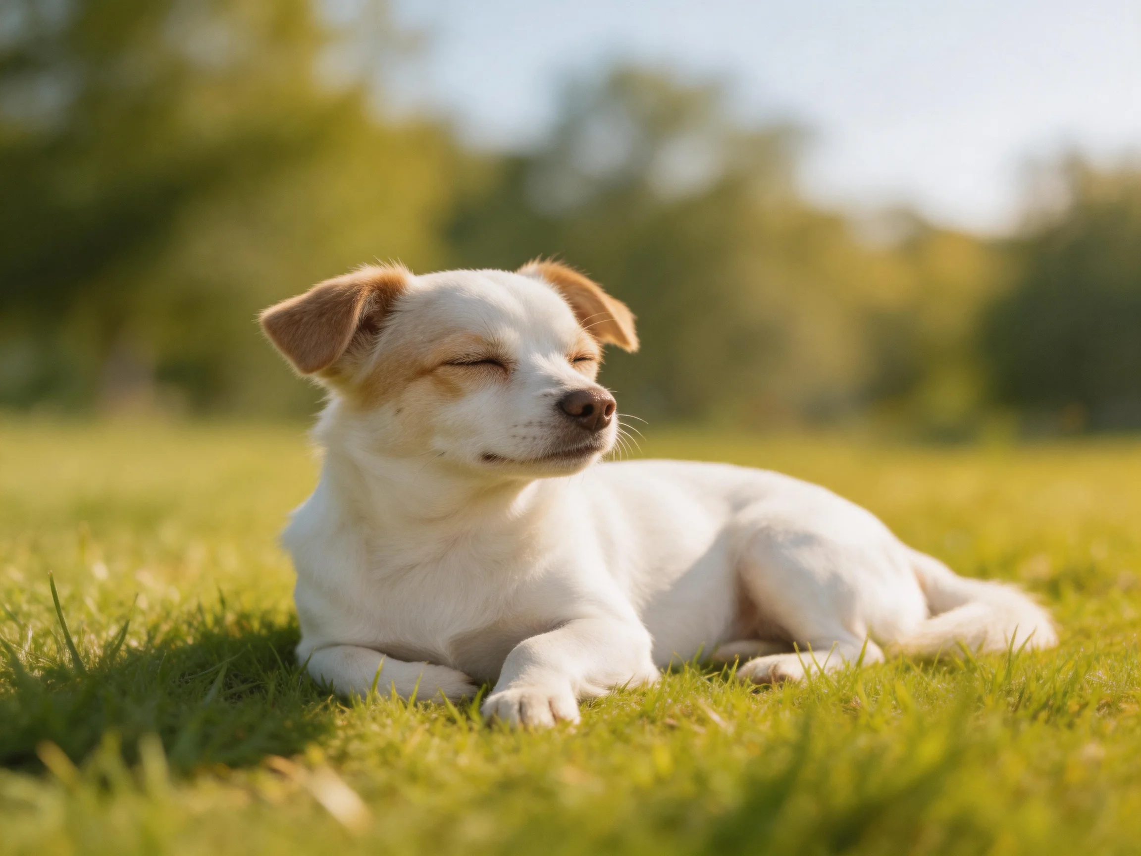 A small white dog with tan ears rests on green grass in a sunlit area