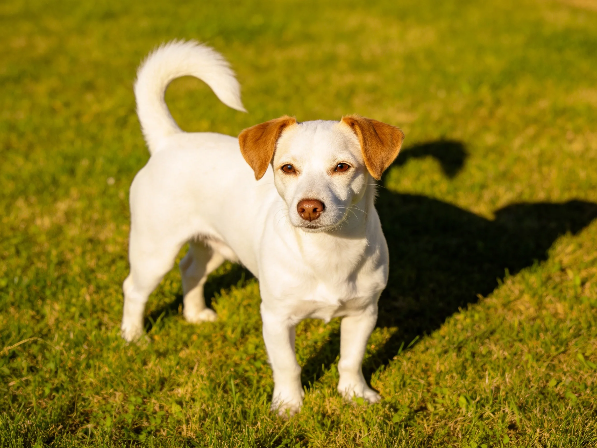 A small white dog with tan ears stands on green grass