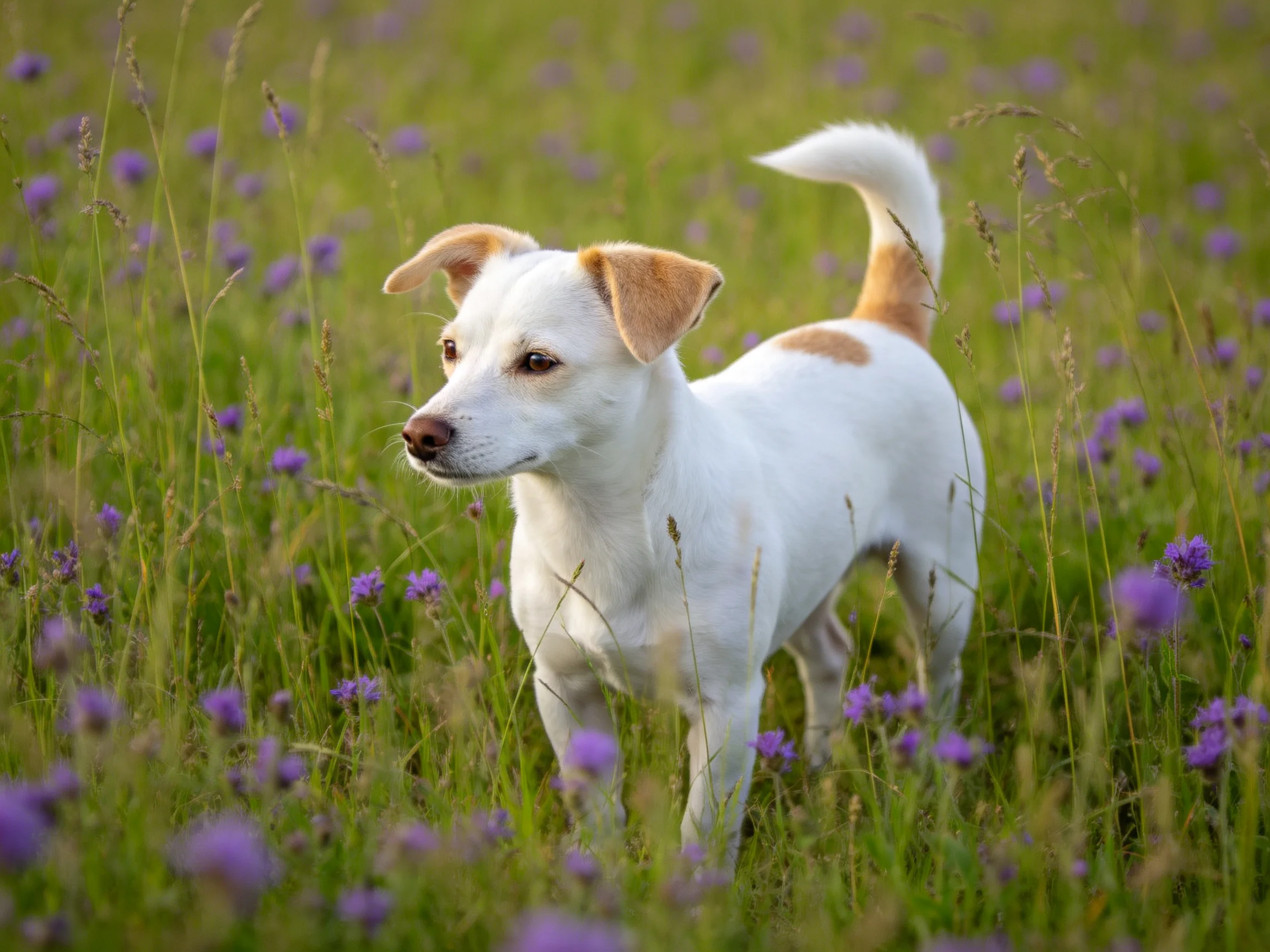 A small white dog with tan spots wanders through a field of purple flowers