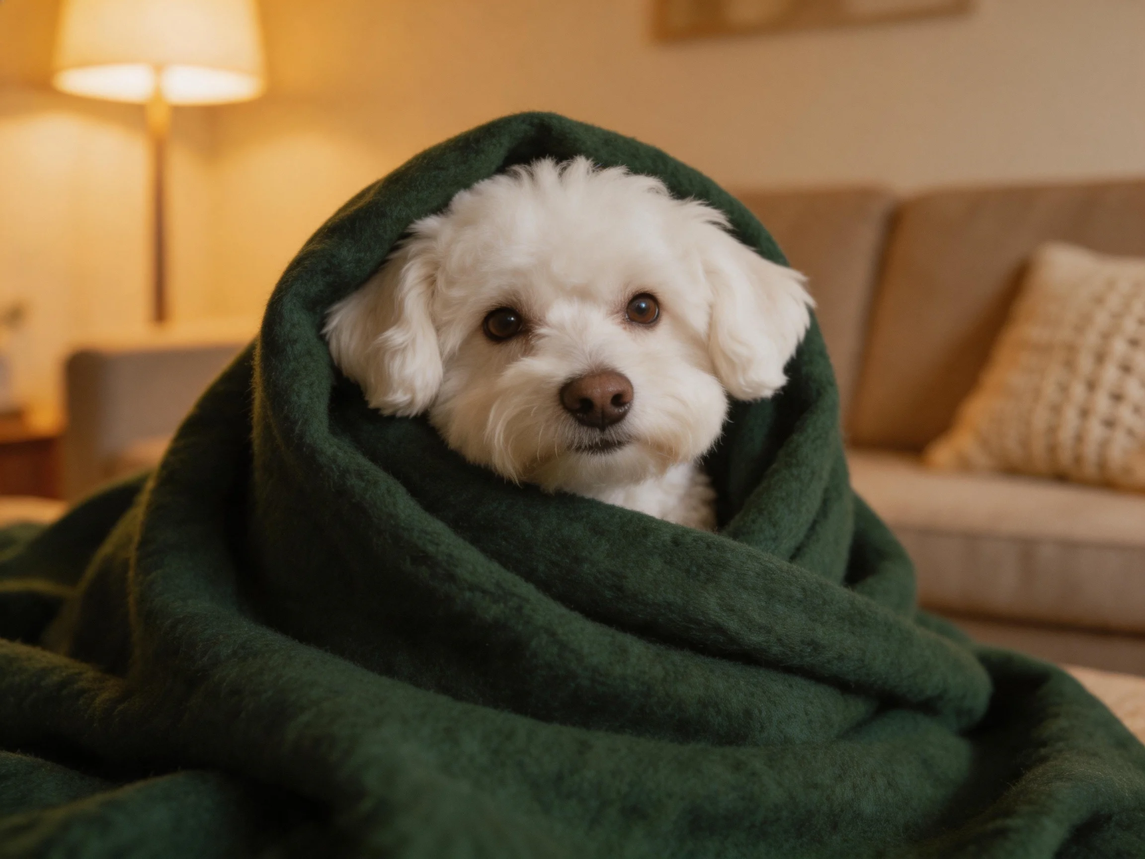 A small white dog wrapped in a dark green blanket in a cozy living room