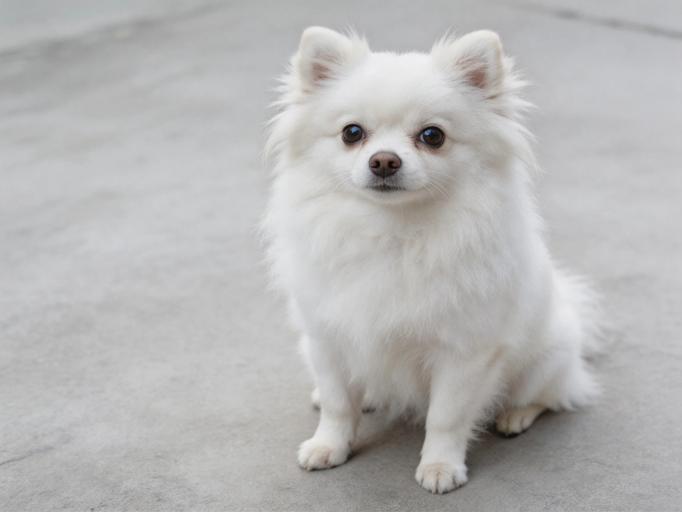A small white fluffy dog sits calmly on a smooth concrete surface.