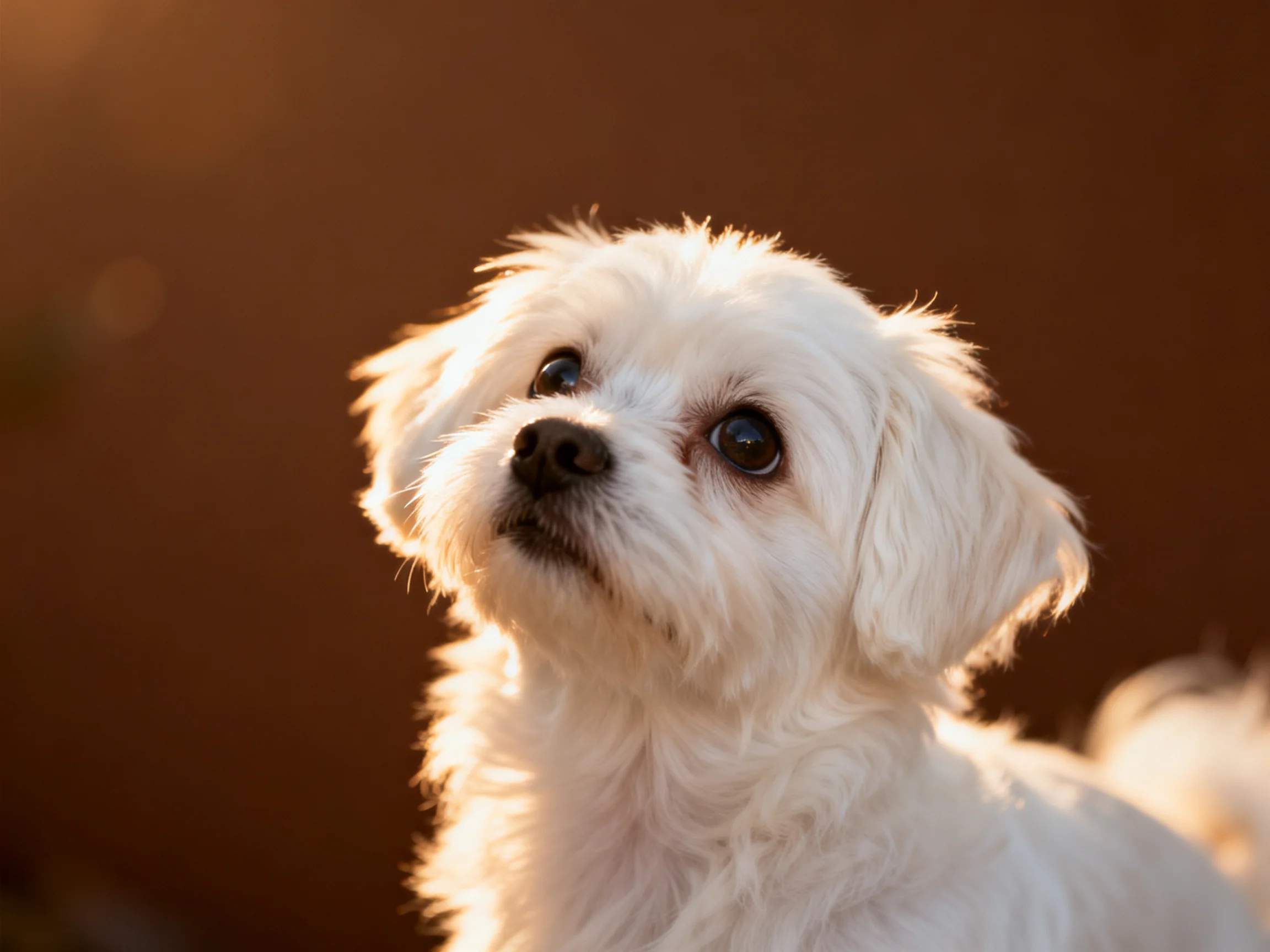 A small white dog looks upward with bright eyes amid a warm brown setting.