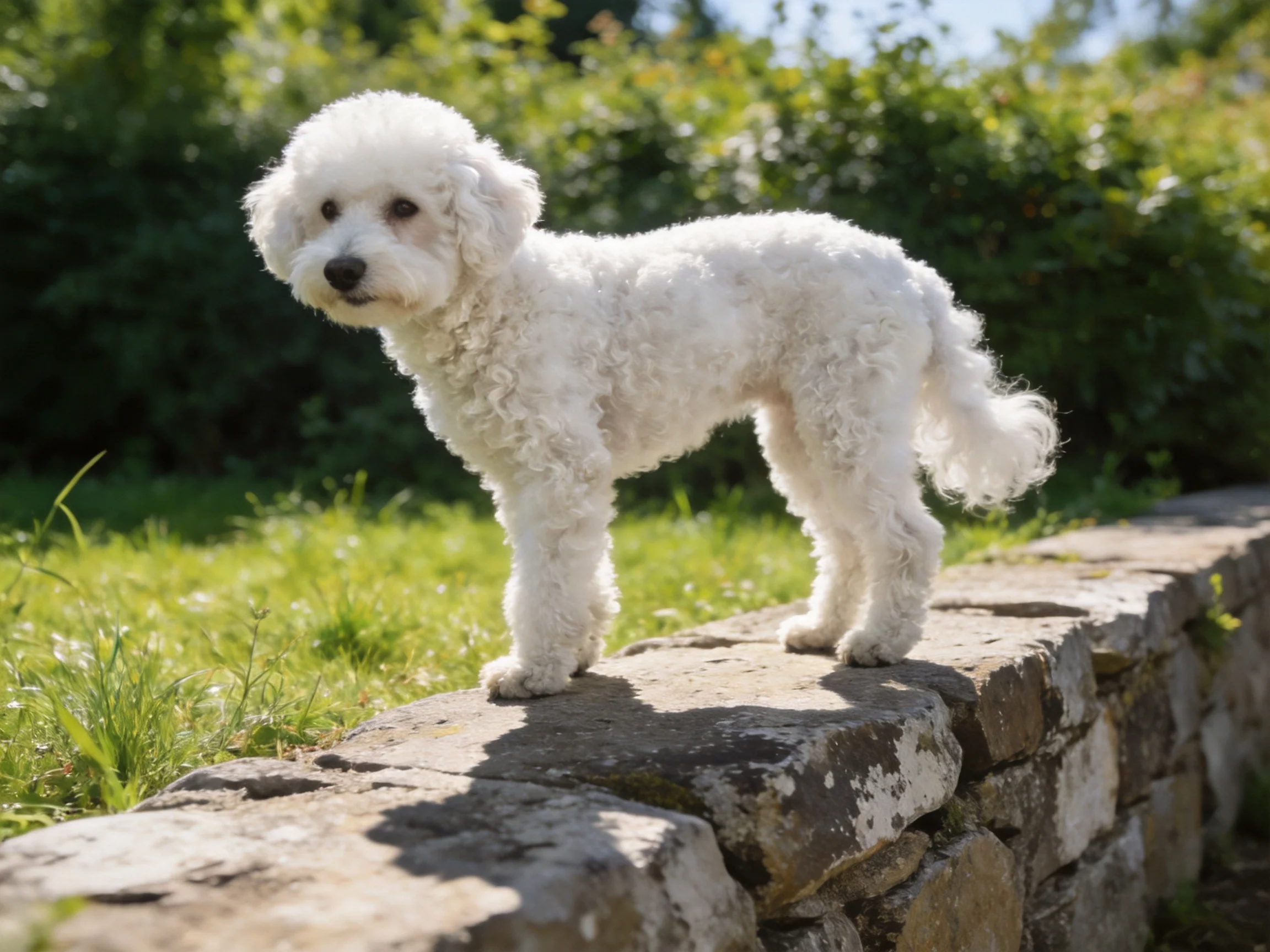 A small white poodle stands on a stone wall in a sunny garden