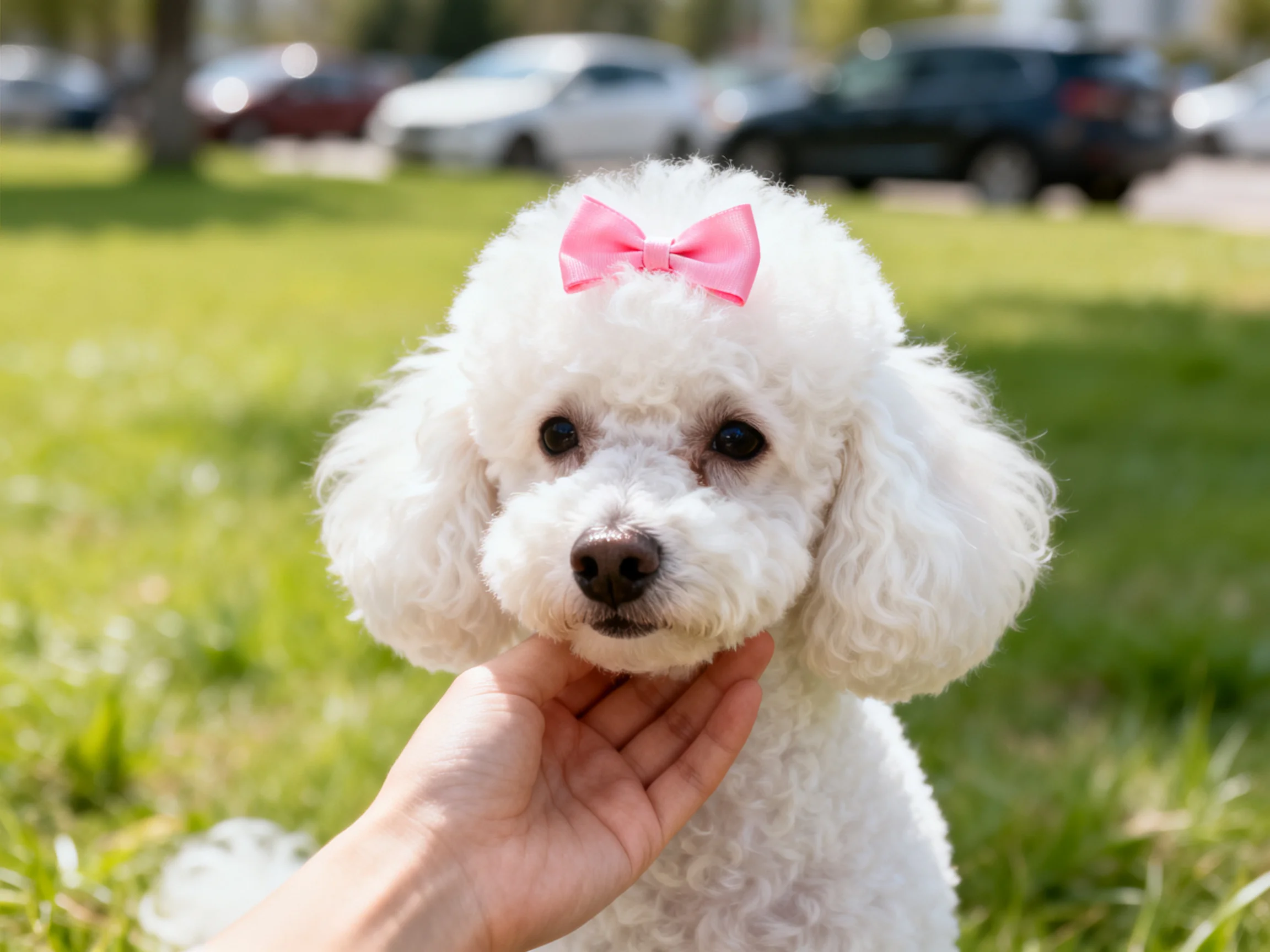 A small white poodle with a pink bow in a sunny grassy area