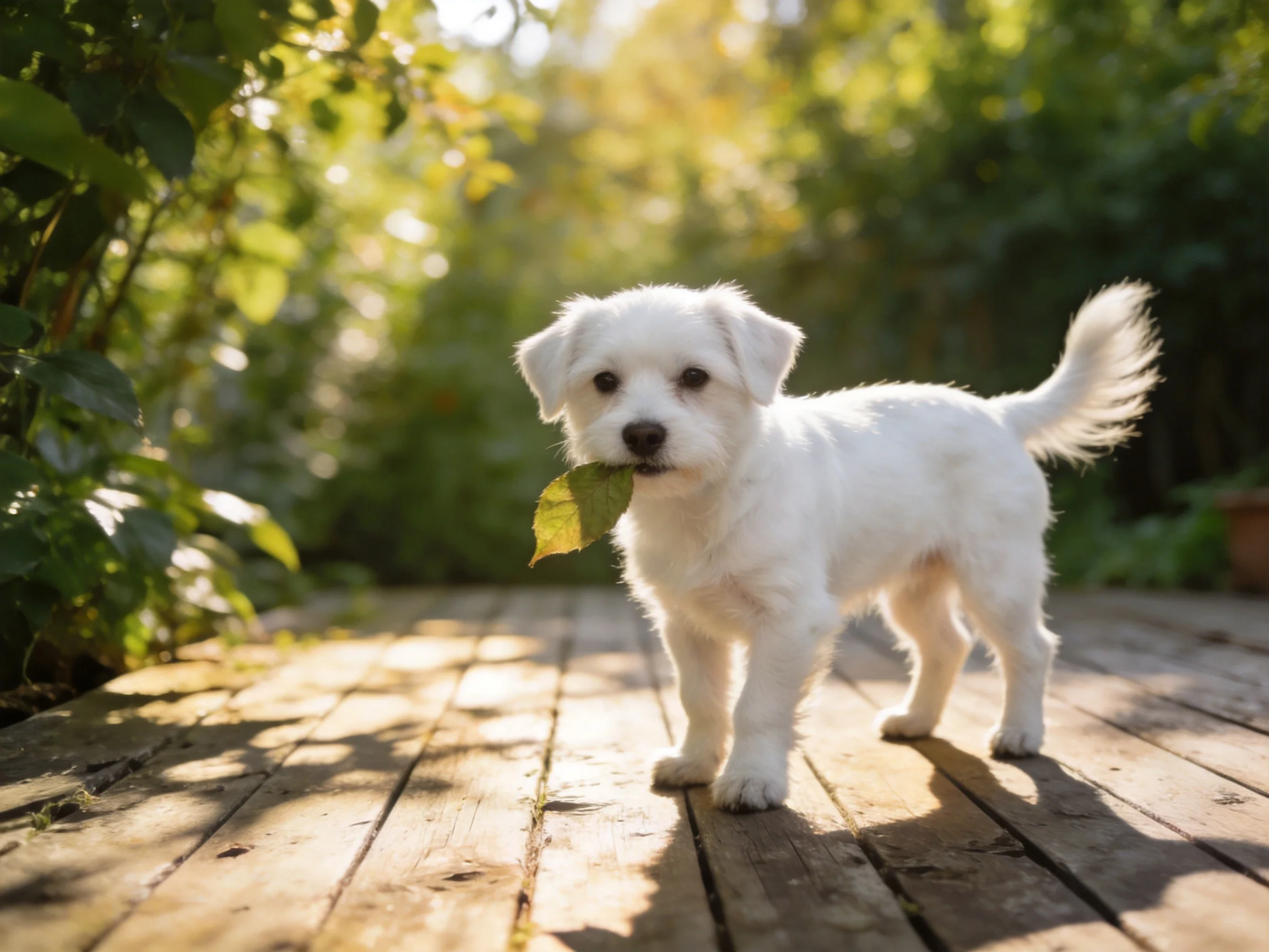 A small white puppy carrying a leaf on a sunlit wooden deck