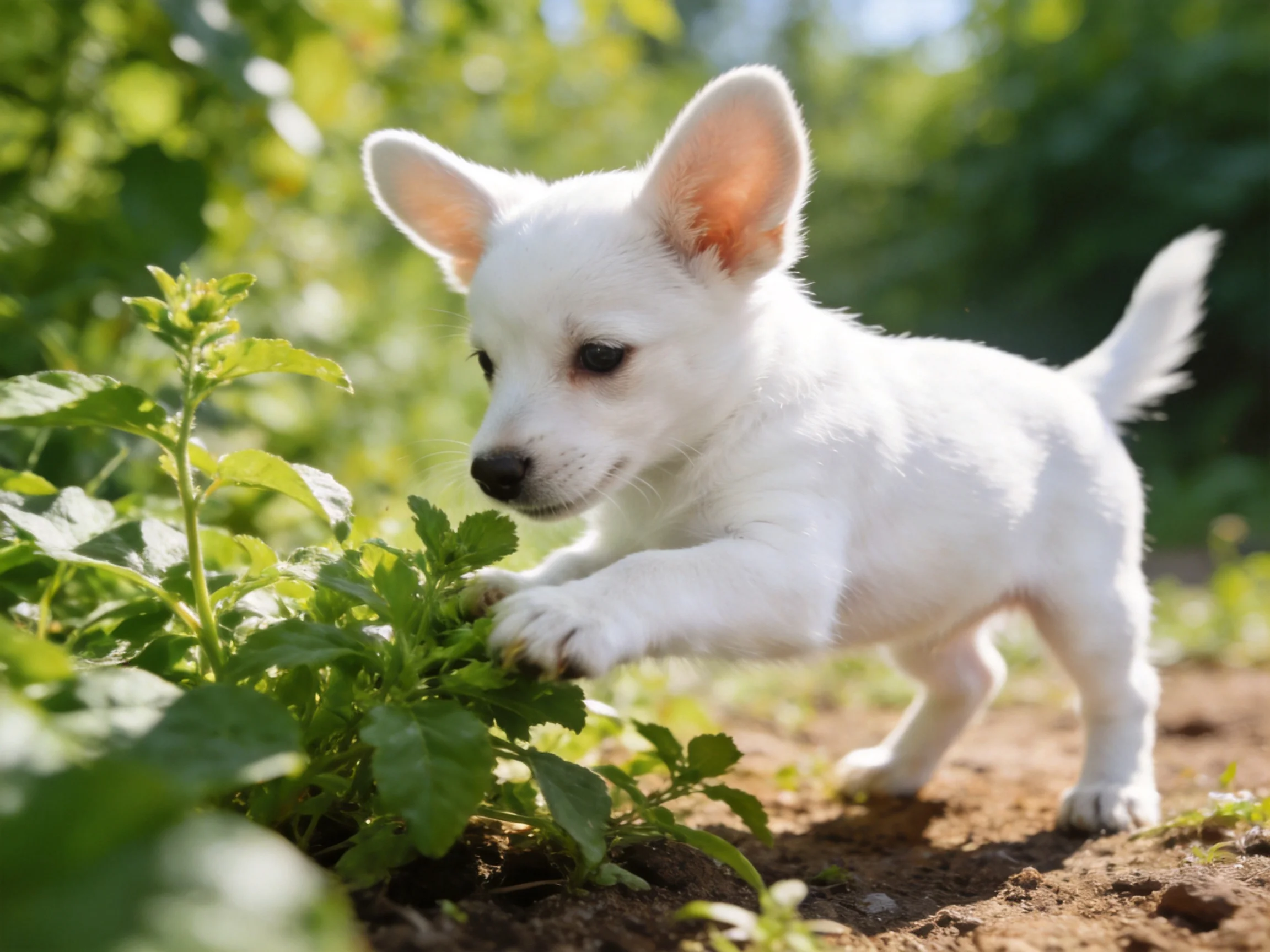 A small white puppy interacts with greenery in a sunny outdoor area.
