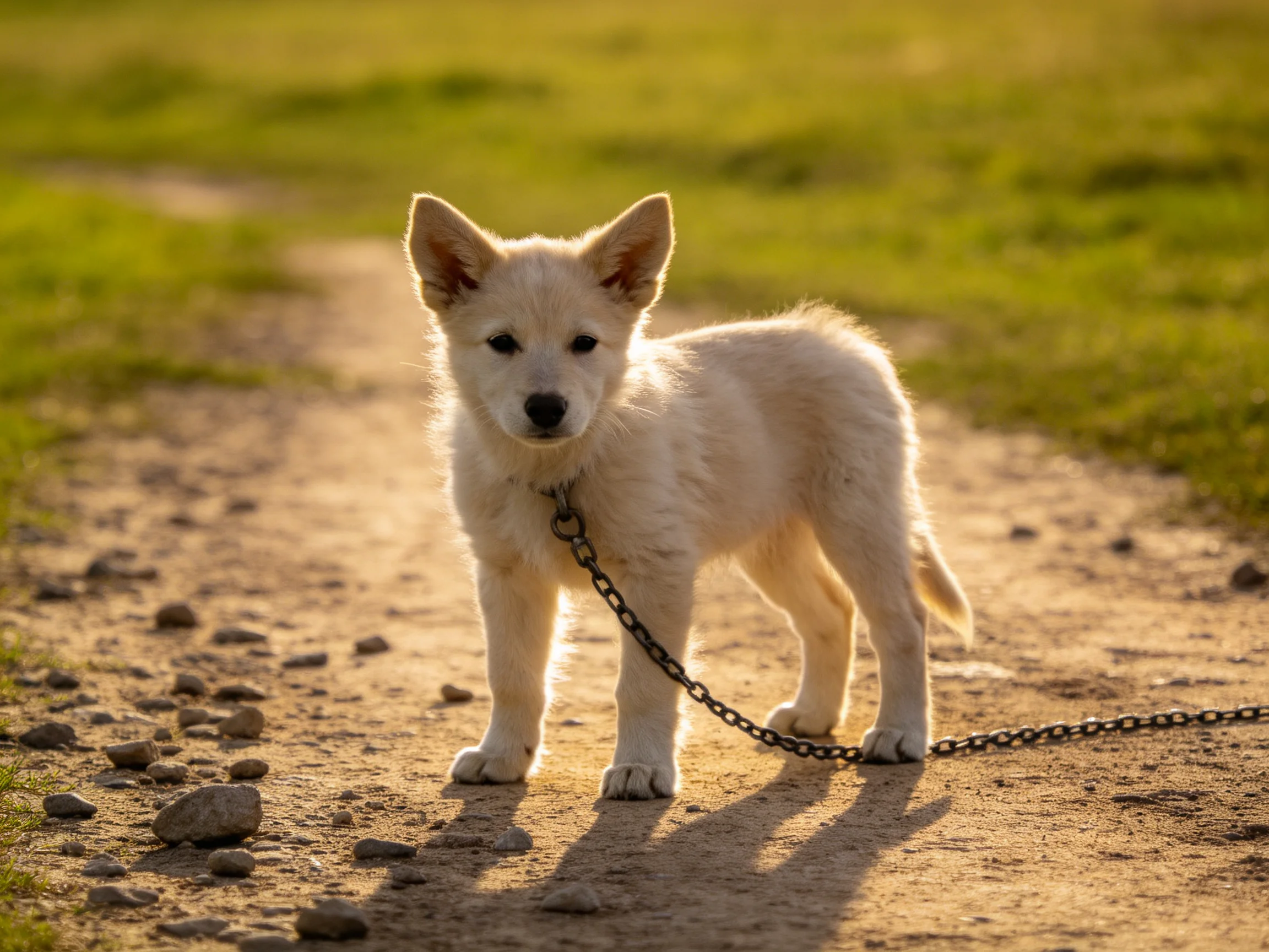 A small white puppy on a gravel path with a metal leash