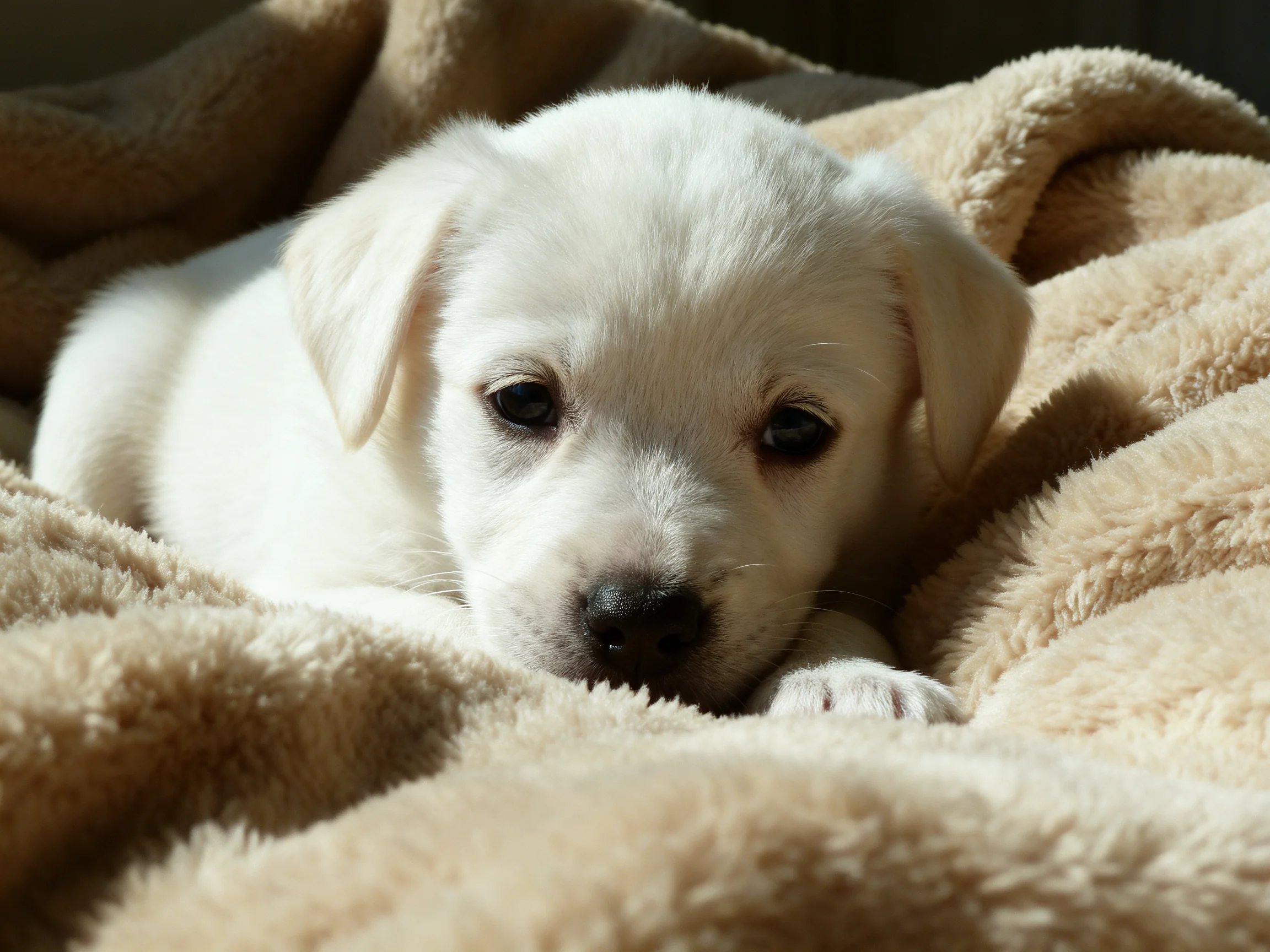 A small white puppy rests on a soft beige blanket.