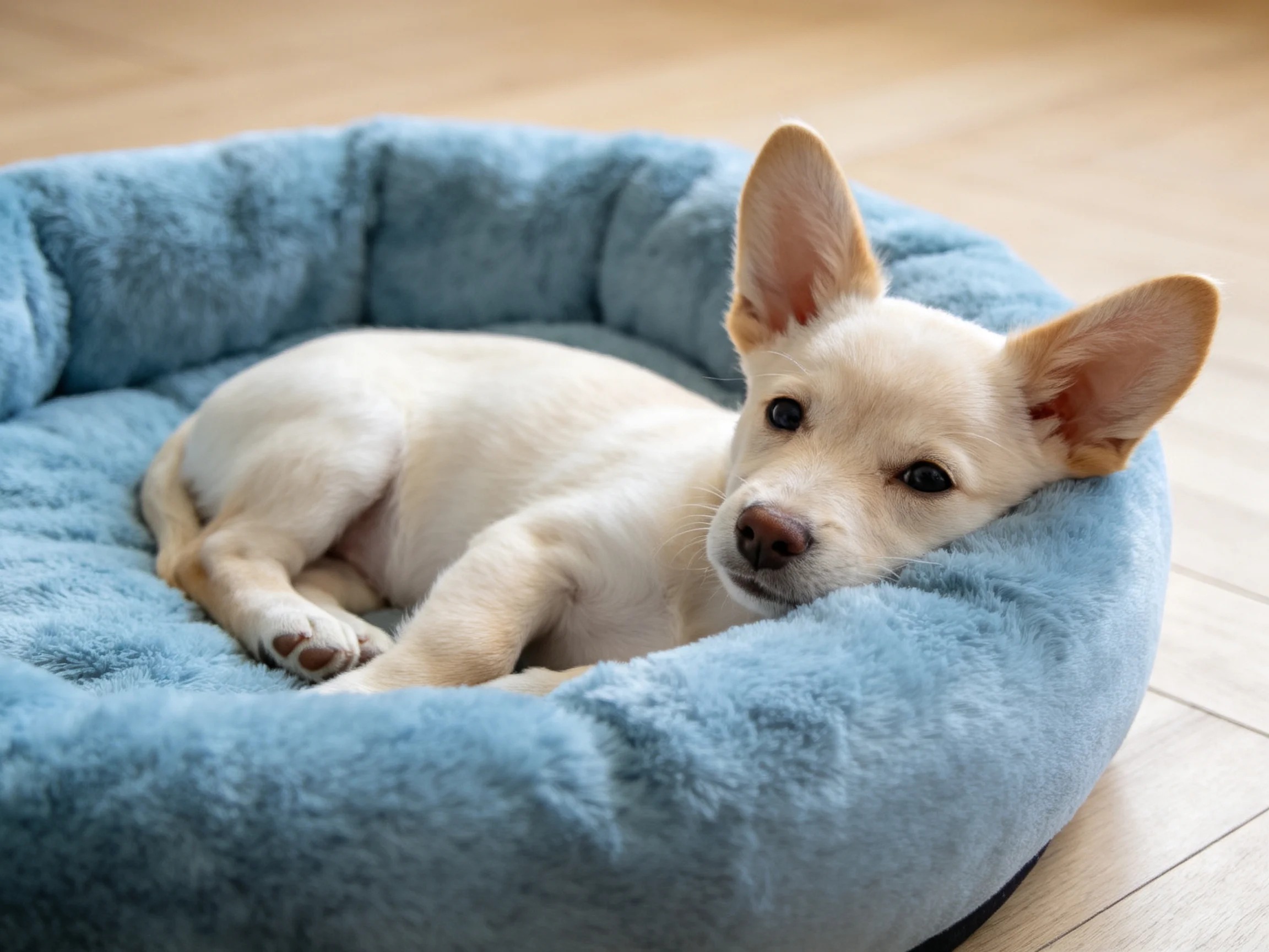 A small white puppy rests in a plush blue pet bed on a wooden floor