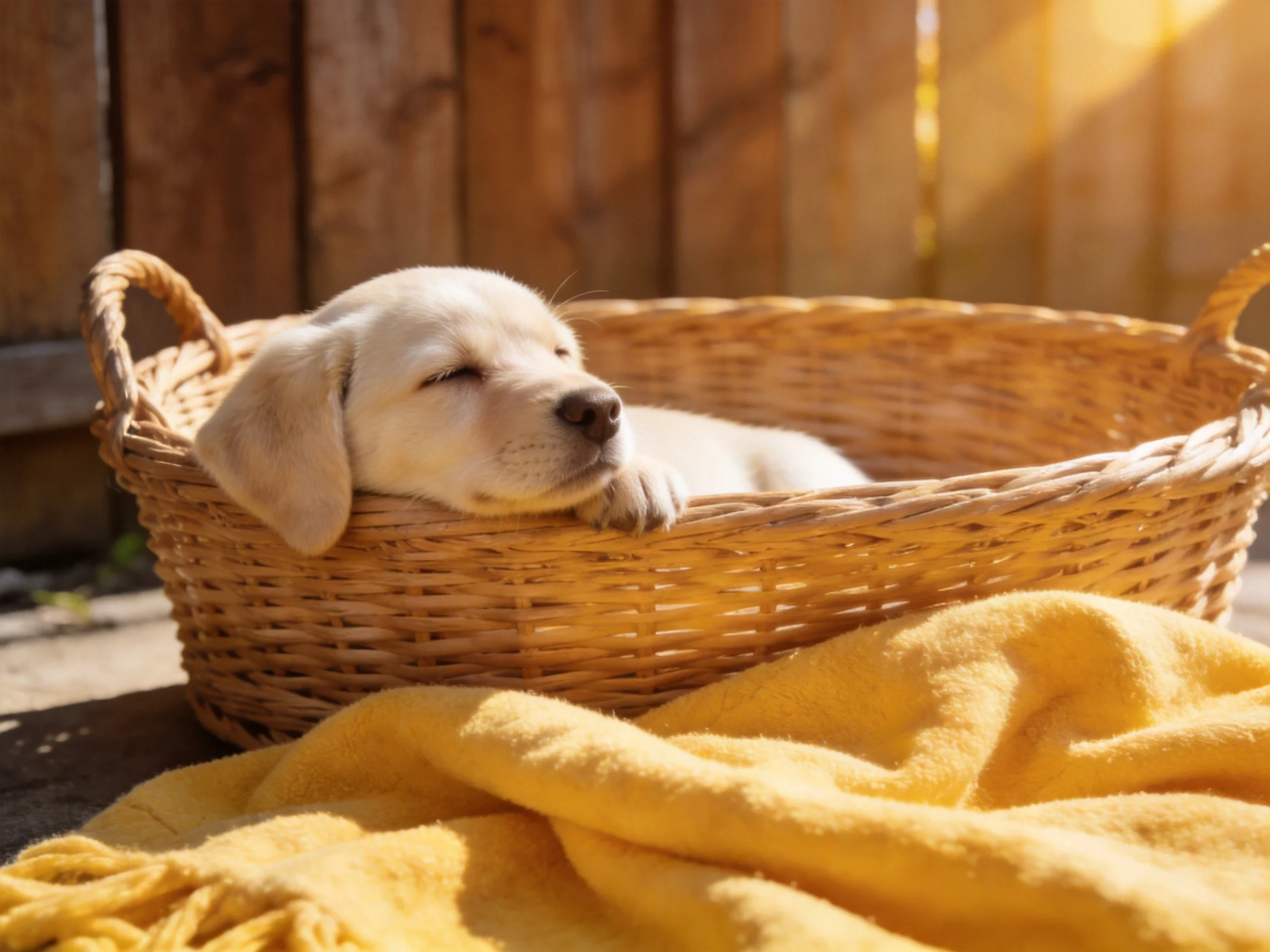 A small white puppy sleeps in a wicker basket near a yellow blanket.