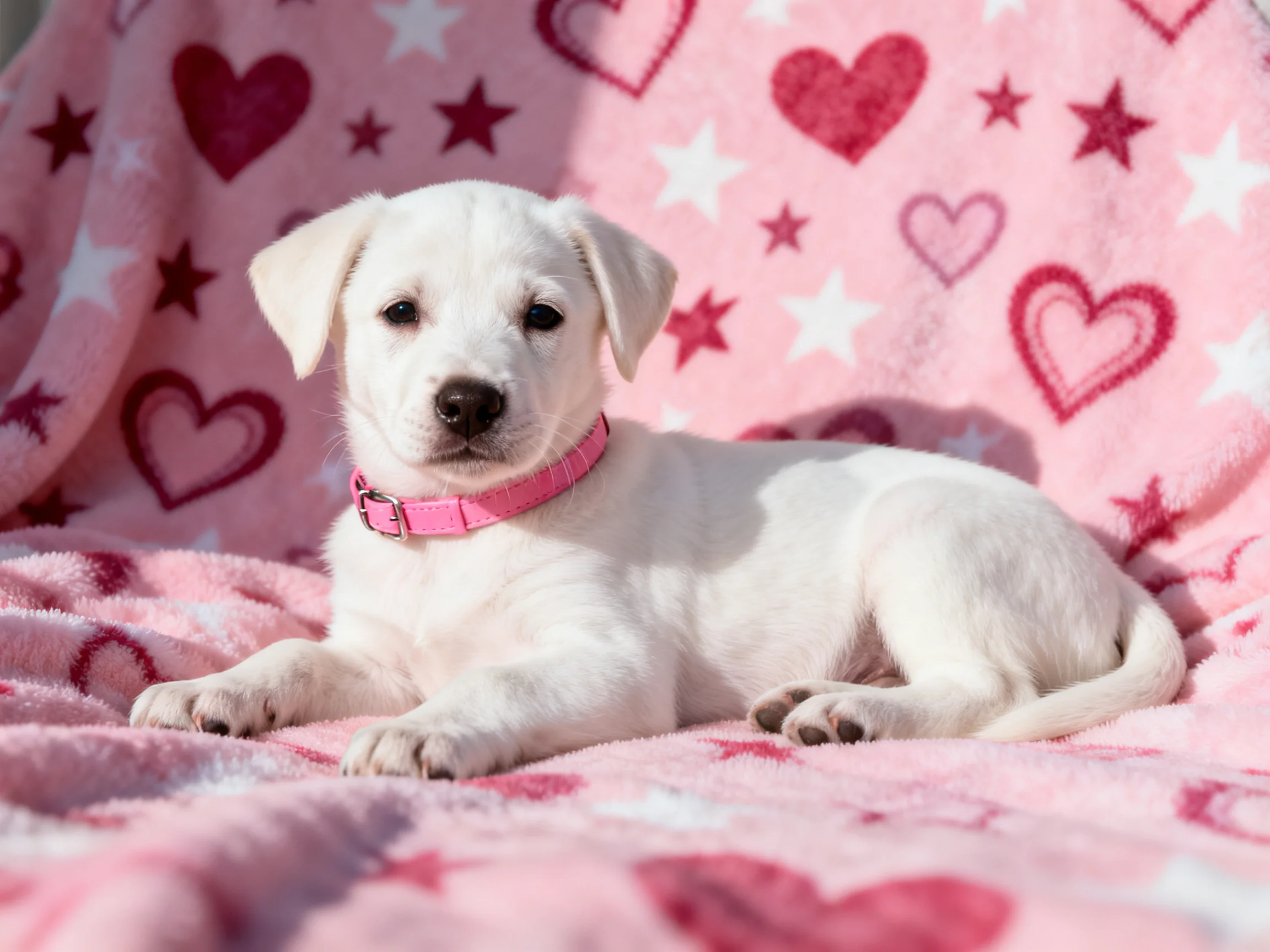 A small white puppy relaxes on a pink blanket with heart and star patterns
