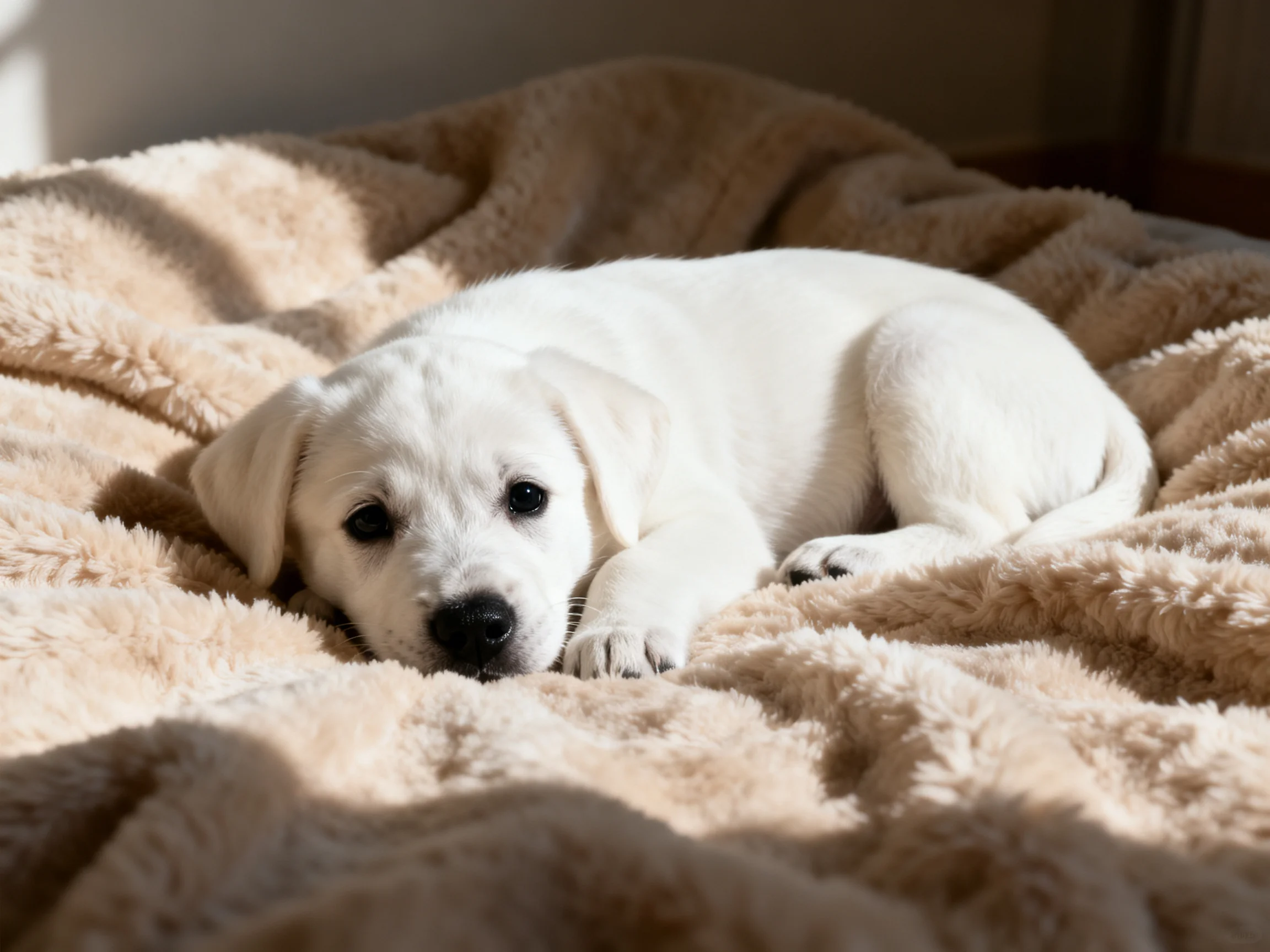 A small white puppy lies on a soft blanket.