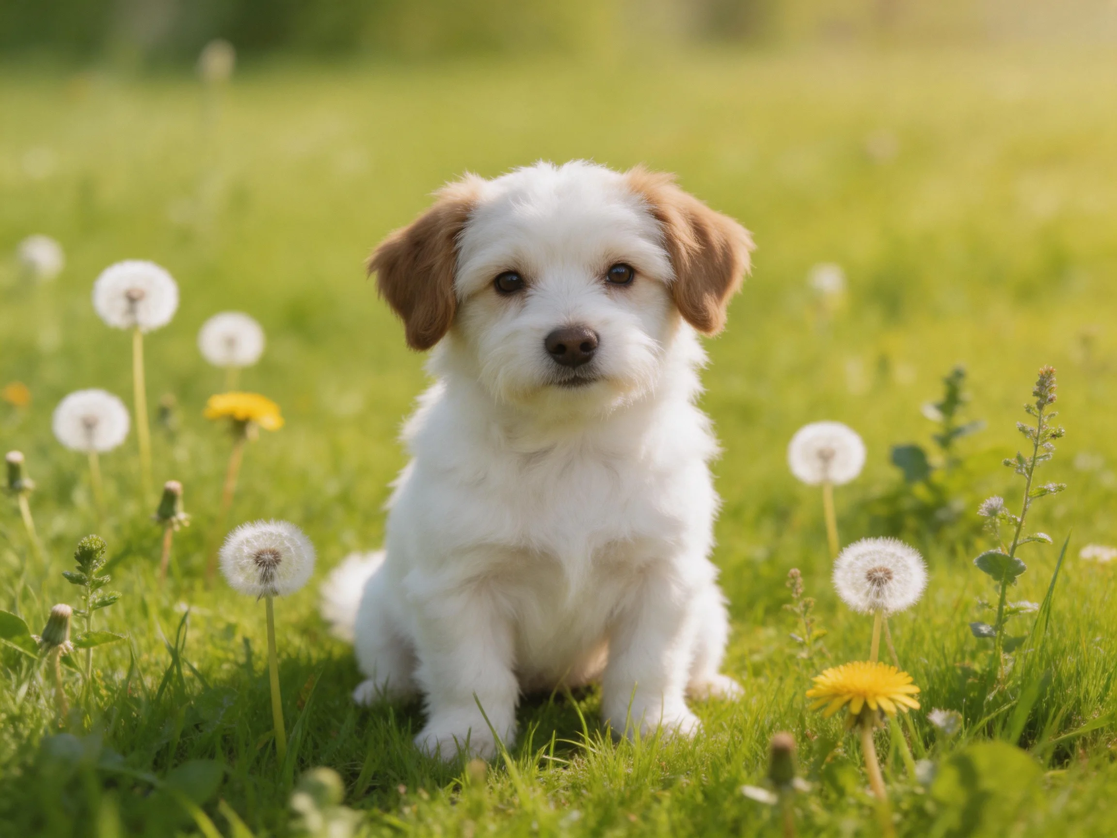 A small white puppy sits calmly among green grass and dandelions.