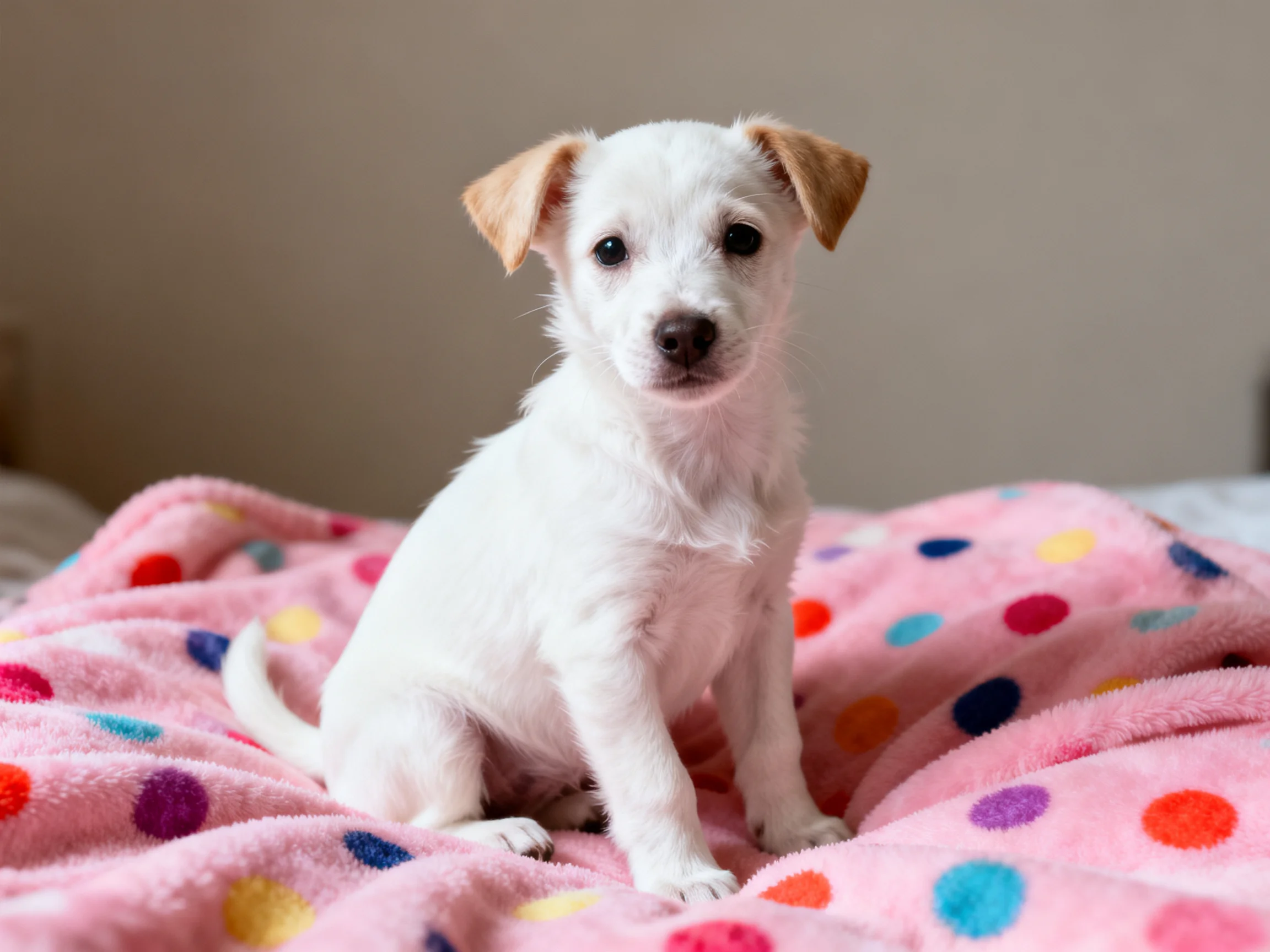 A small white puppy sits on a pink blanket with polka dots