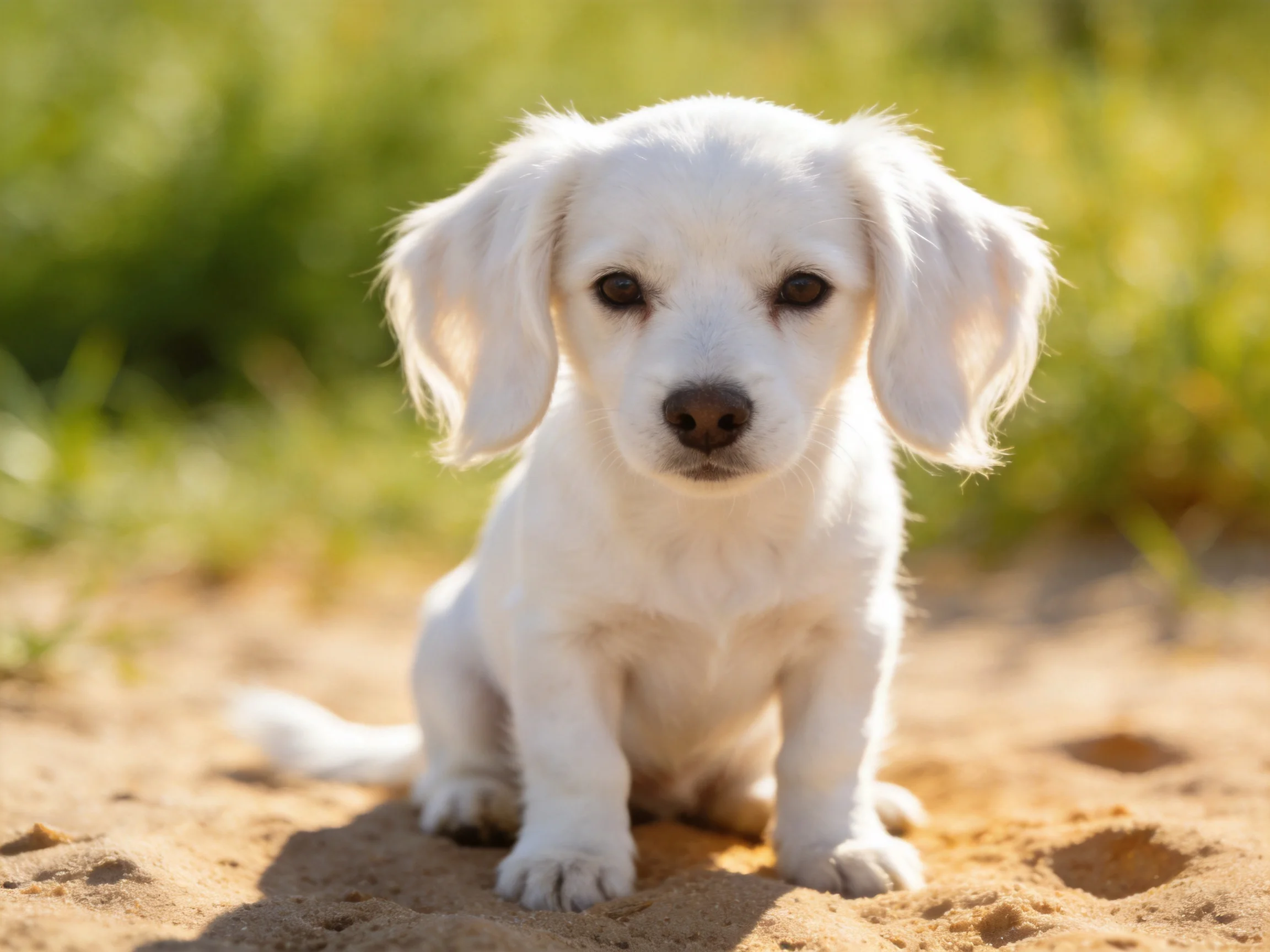 A small white puppy sits calmly on sandy ground in a natural outdoor setting.