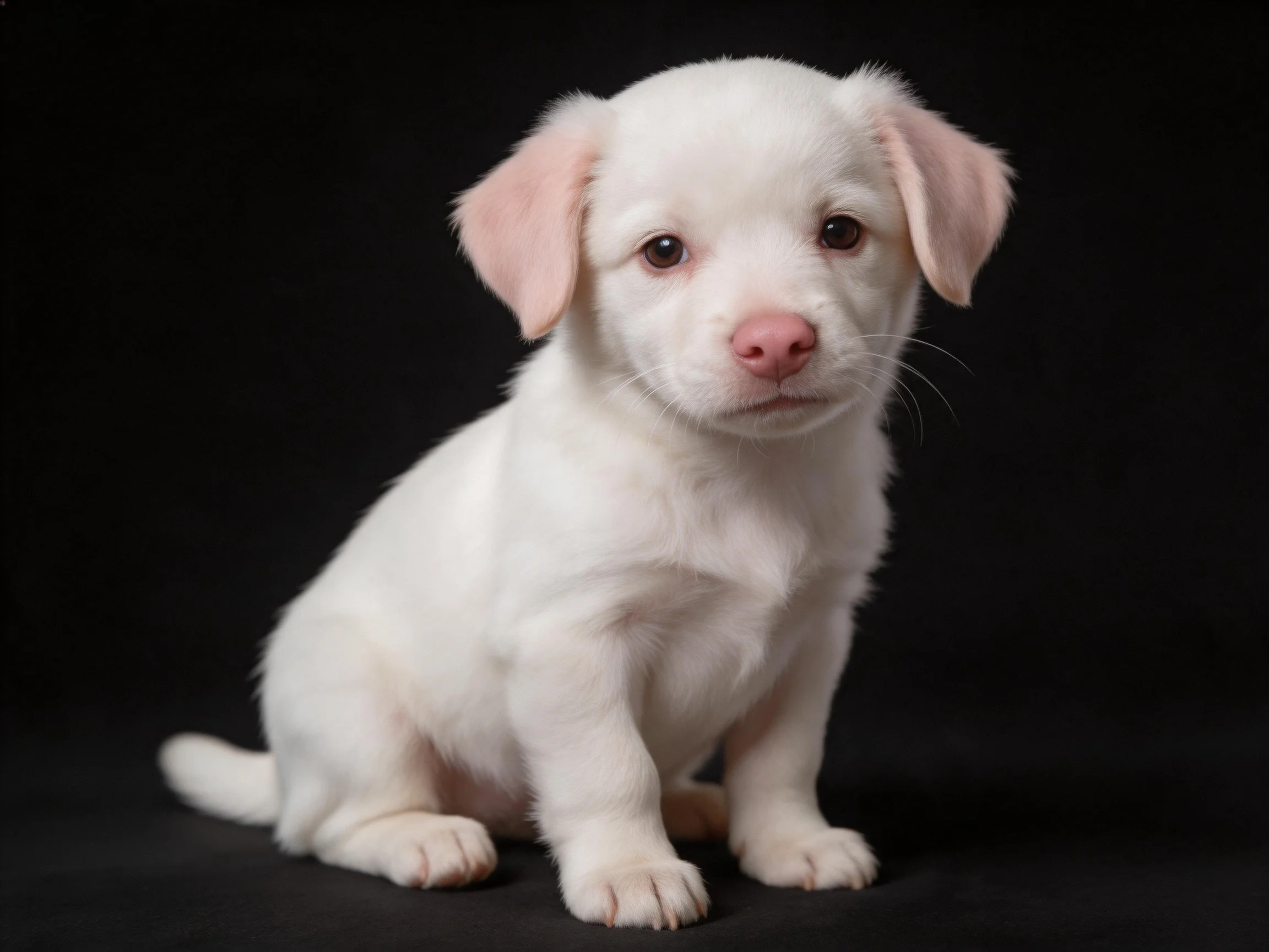 A small white puppy sits calmly against a dark backdrop.
